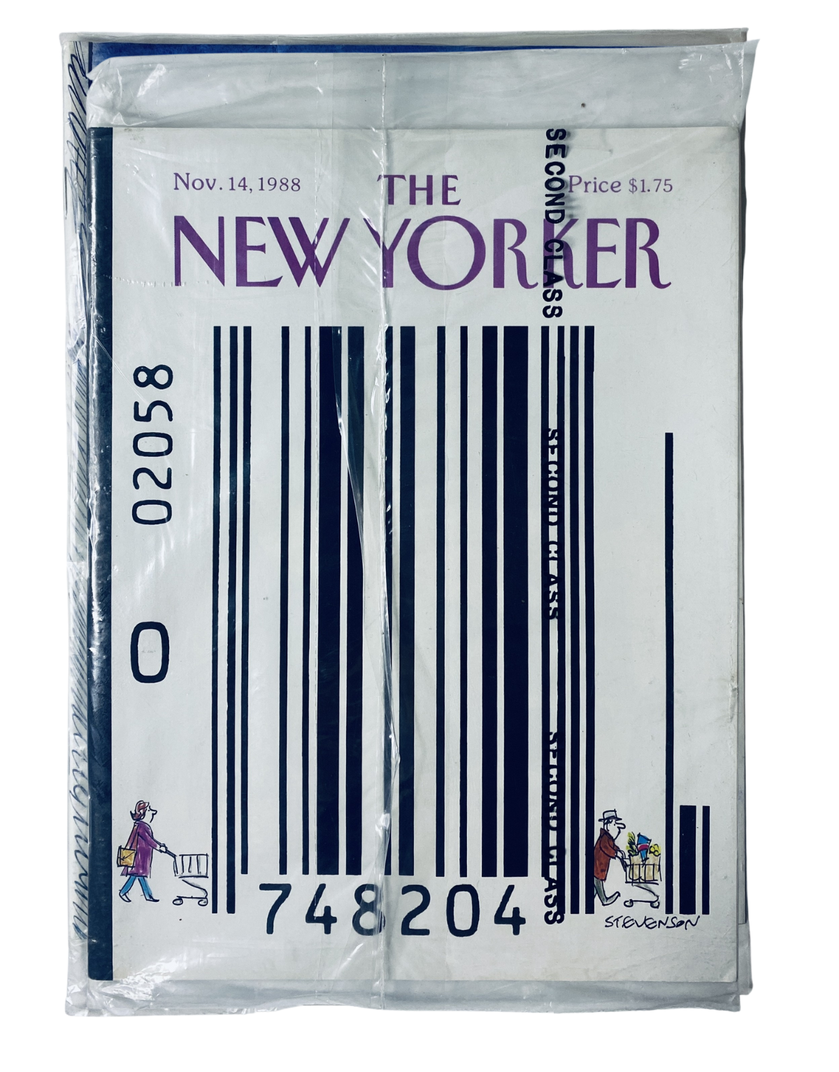 SEALED The New Yorker Magazine November 14, 1988 featuring a barcode shopping cart cover, preserved in original packaging with vintage appeal.