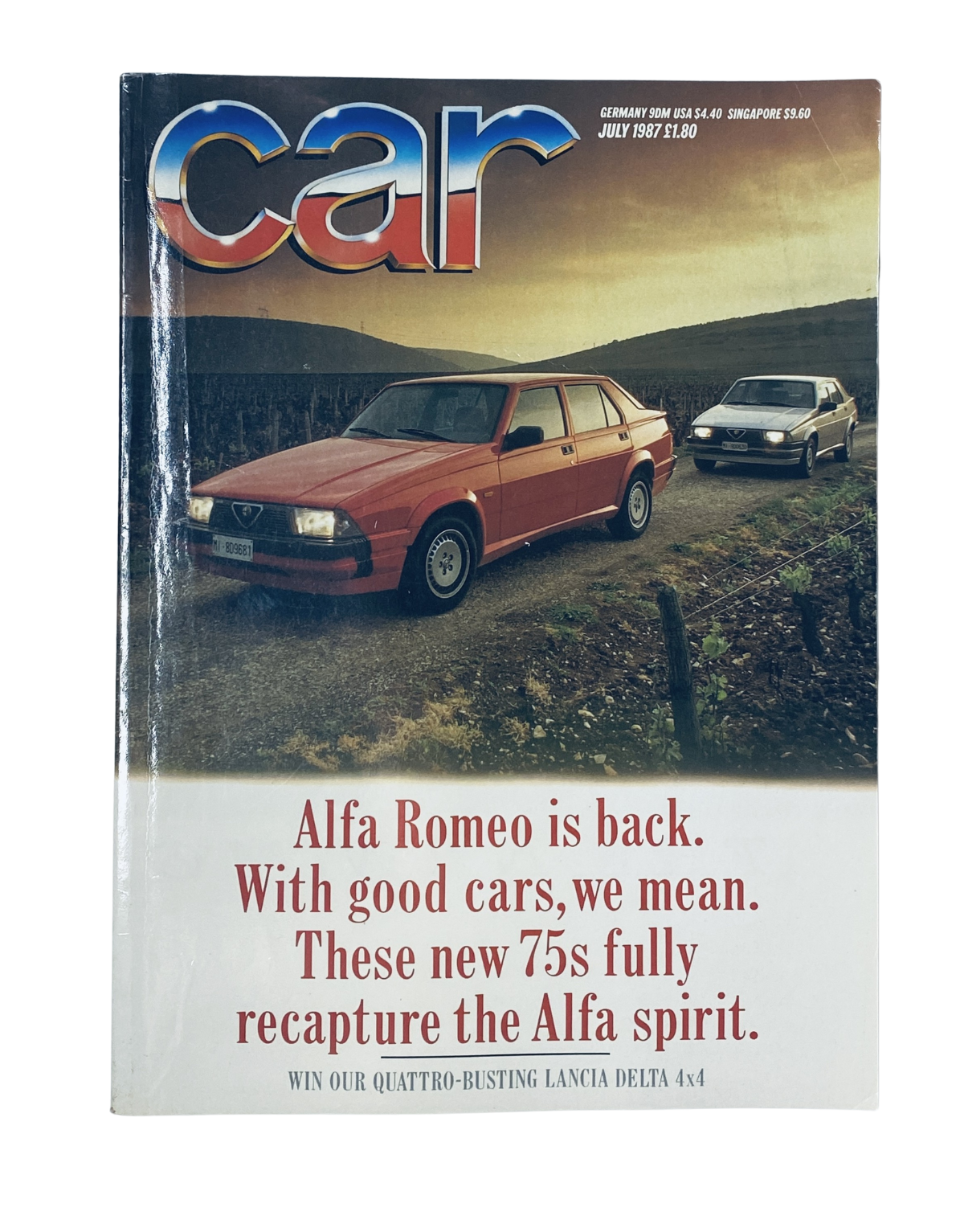 Cover of CAR Magazine July 1987 featuring Alfa Romeo 75, highlighting the return of Alfa Romeo and the new 75 models, with Lancia Delta 4x4, and a promotion for a contest to win a Lancia Delta HF Turbo.