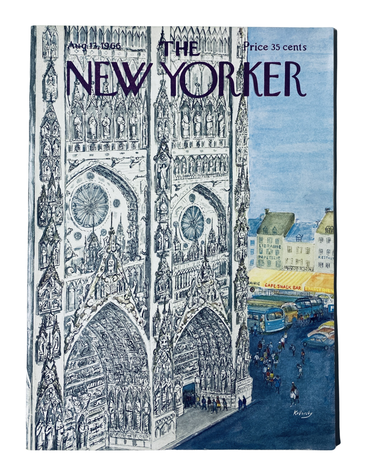 Cover of The New Yorker magazine from August 13, 1966, featuring an illustration of Notre Dame Paris Cathedral by Kovarsky, in very good condition.