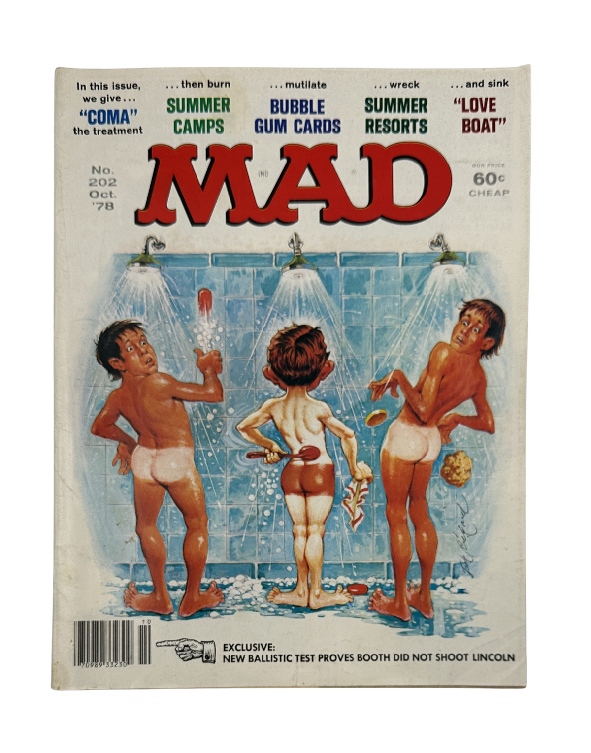 MAD Magazine No. 202 from October 1978 featuring a humorous cover illustration with two men in the shower and comedic elements, graded Very Good (VG 4.0).