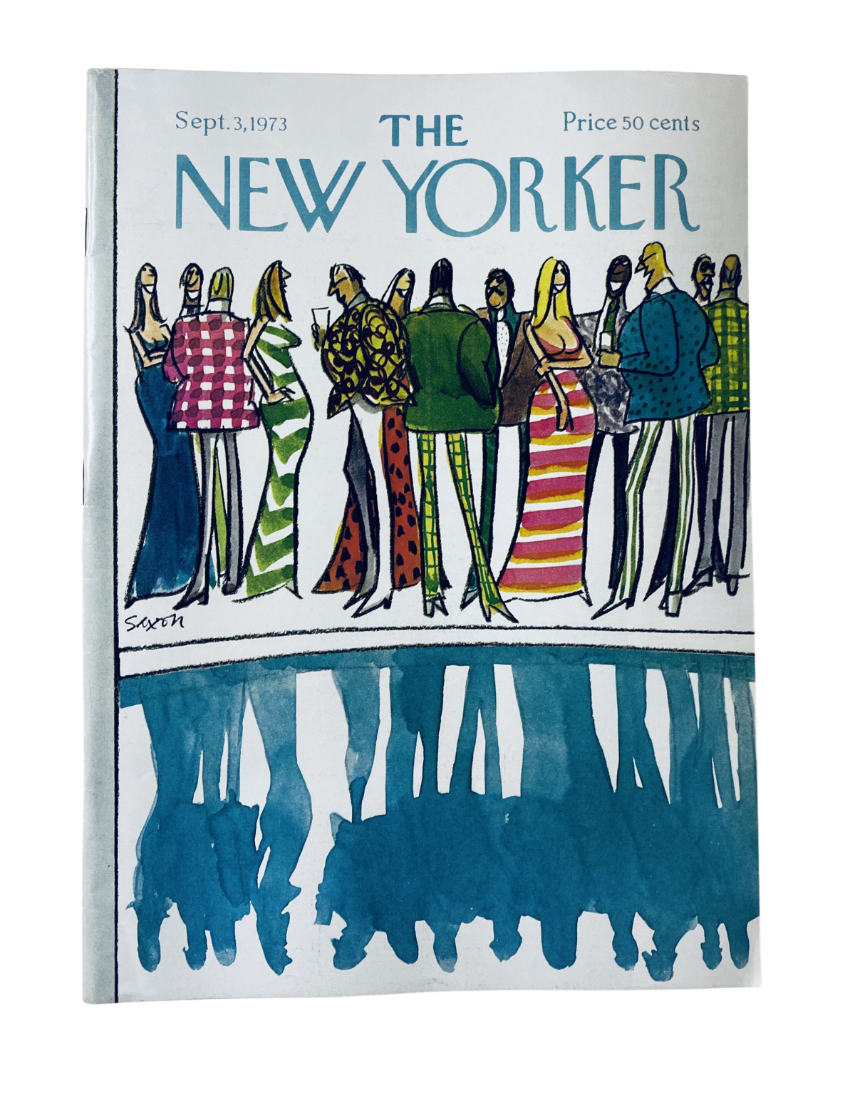 Cover of The New Yorker Magazine, September 3, 1973, featuring a fashion crowd illustration by C. Saxon, showcasing stylishly dressed individuals with a reflection in water.