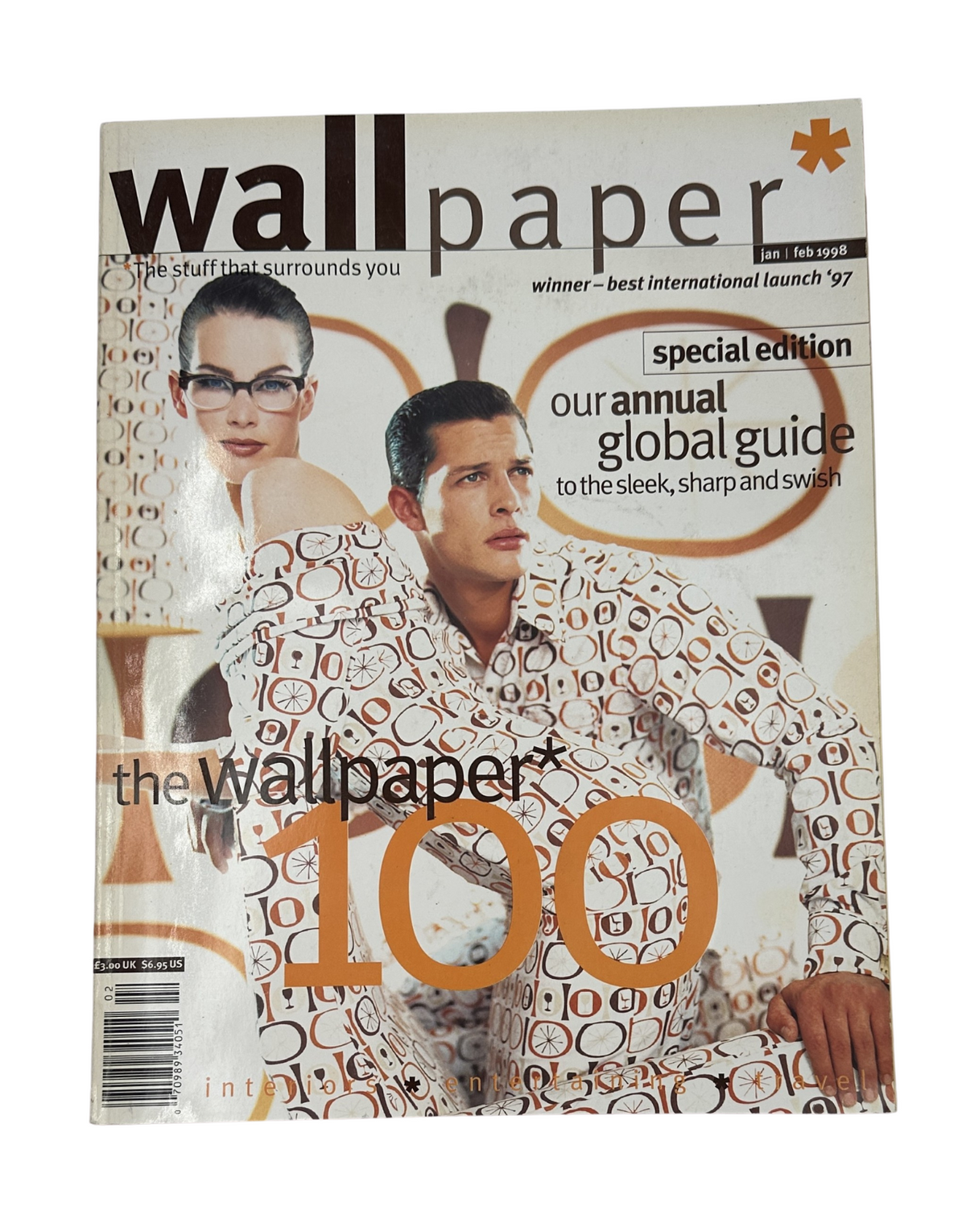 Wallpaper Magazine January/February 1998 cover featuring a stylish couple in patterned clothing, highlighting trends in design and interior aesthetics.