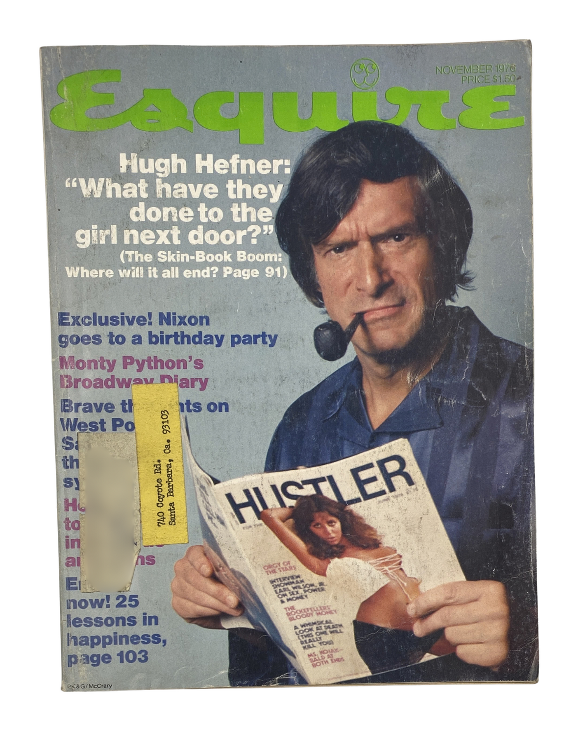 Esquire Magazine November 1976 featuring Hugh Hefner on the cover, discussing the article 'What have they done to the girl next door?' from the Skin-Book Boom section.