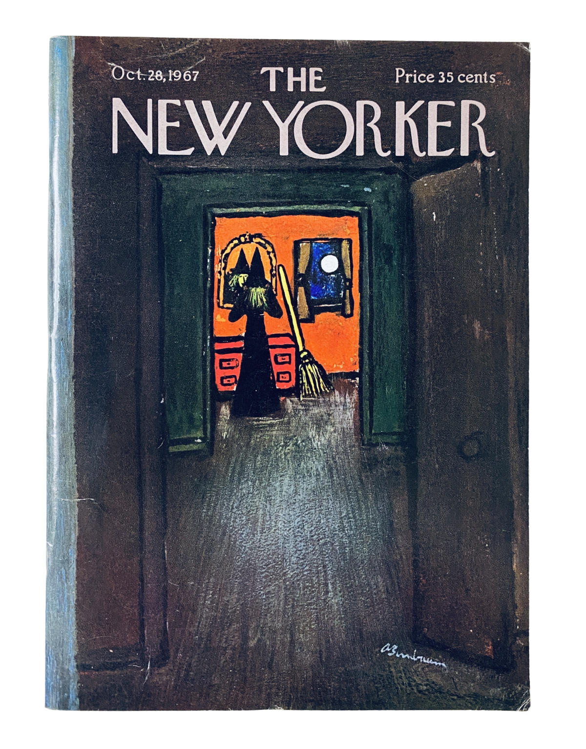Cover art of The New Yorker magazine dated October 28, 1967, featuring a dark interior scene with a figure in a witch costume, painted by Abe Birnbaum.