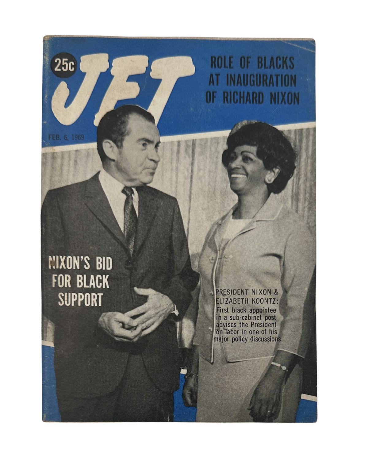 Cover of Jet Magazine from February 6, 1969 featuring President Nixon and Elizabeth Koontz, highlighting Nixon's bid for Black support.