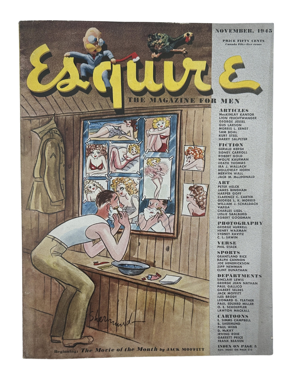 Esquire Magazine November 1945 cover featuring an illustration of a man preparing to shave in front of a mirror, surrounded by images of pinup models. This issue includes articles and sections related to men’s interests and style.