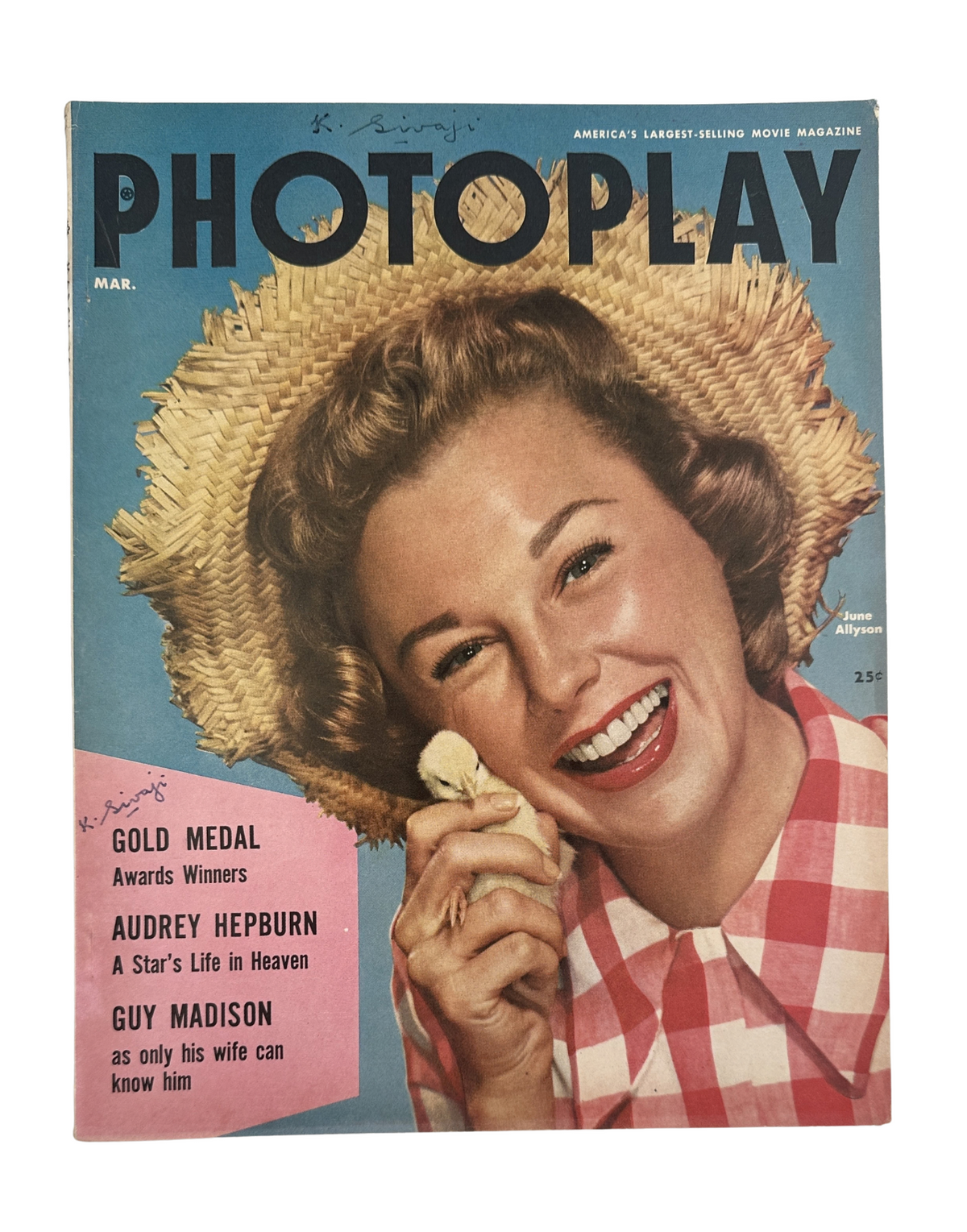 Photoplay Magazine March 1955 cover featuring June Allyson, highlighting Audrey Hepburn and Guy Madison, showcasing the vibrant magazine design with a catchy subtitle.