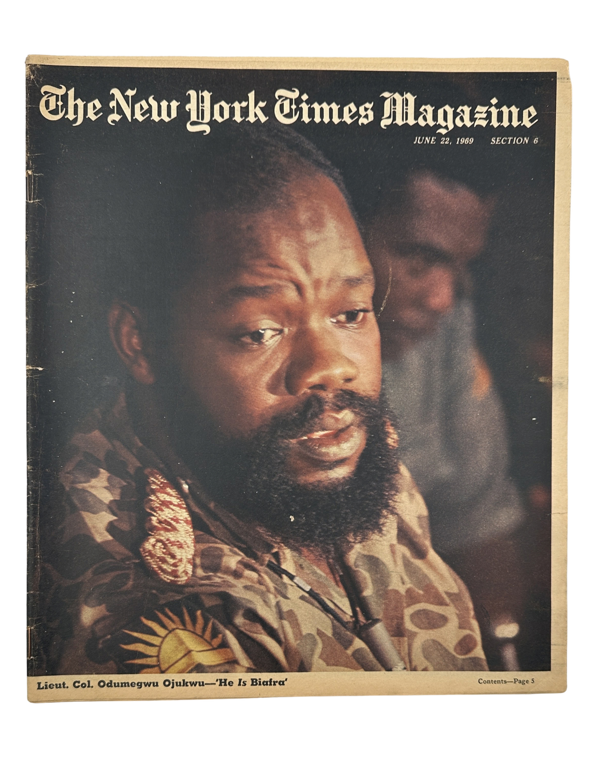 Cover of The New York Times Magazine from June 22, 1969 featuring Lieut. Col. Odumegwu Ojukwu, significant figure in the Nigeria War, captured in a reflective pose with a patterned garment.