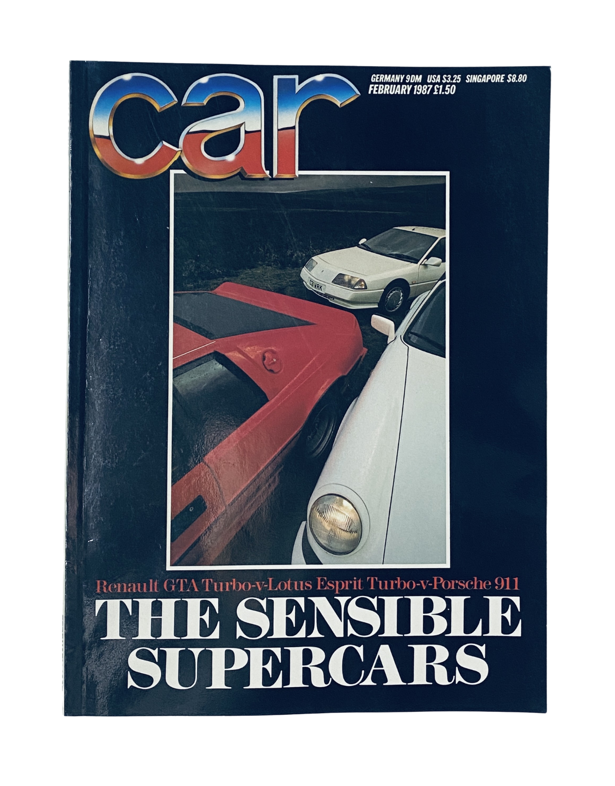 Cover of CAR Magazine February 1987 featuring Renault GTA, Lotus Esprit Turbo, and Porsche 911 with the title 'The Sensible Supercars'.