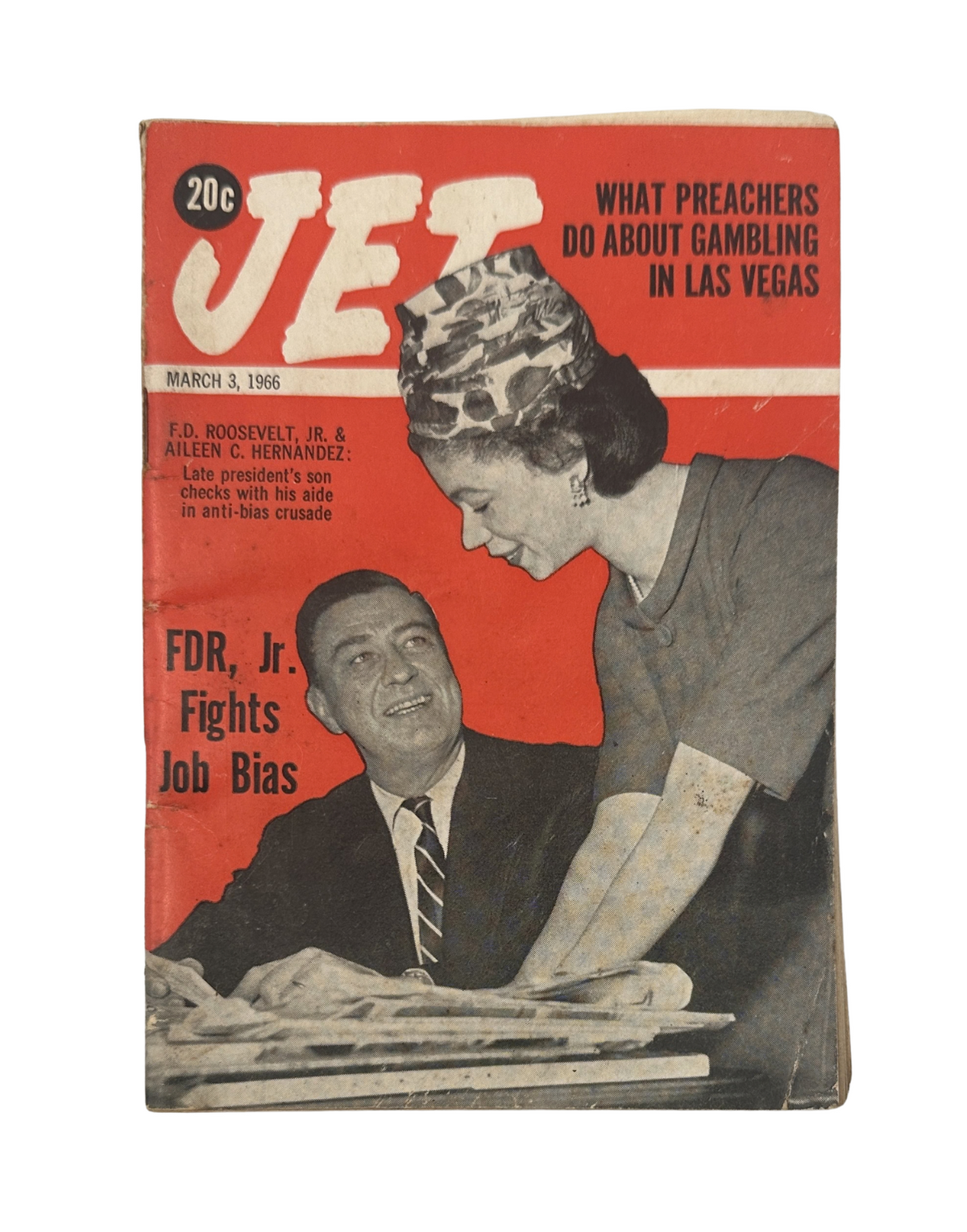 Jet Magazine March 3, 1966 cover featuring F.D. Roosevelt Jr. and Aileen C. Hernandez, highlighting articles on gambling and job bias.