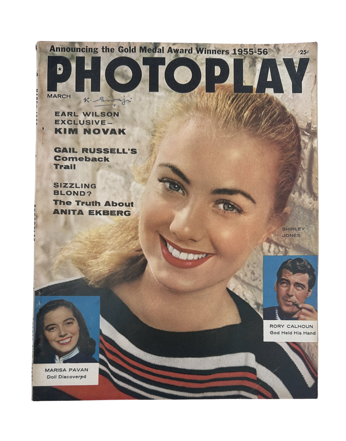 Photoplay Magazine March 1956 featuring a cover photo of Shirley Jones, Kim Novak, and Anita Ekberg, highlighting Gail Russell's comeback and the Gold Medal Award winners of 1955-56.