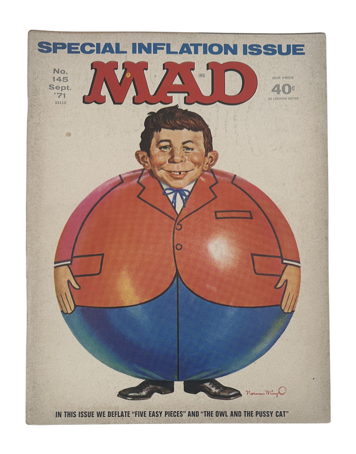 Cover of MAD Magazine No. 145 September 1971, featuring a caricature of a boy in a suit, symbolizing the 'Special Inflation Issue'. The cover humorously addresses inflation with vibrant artwork.