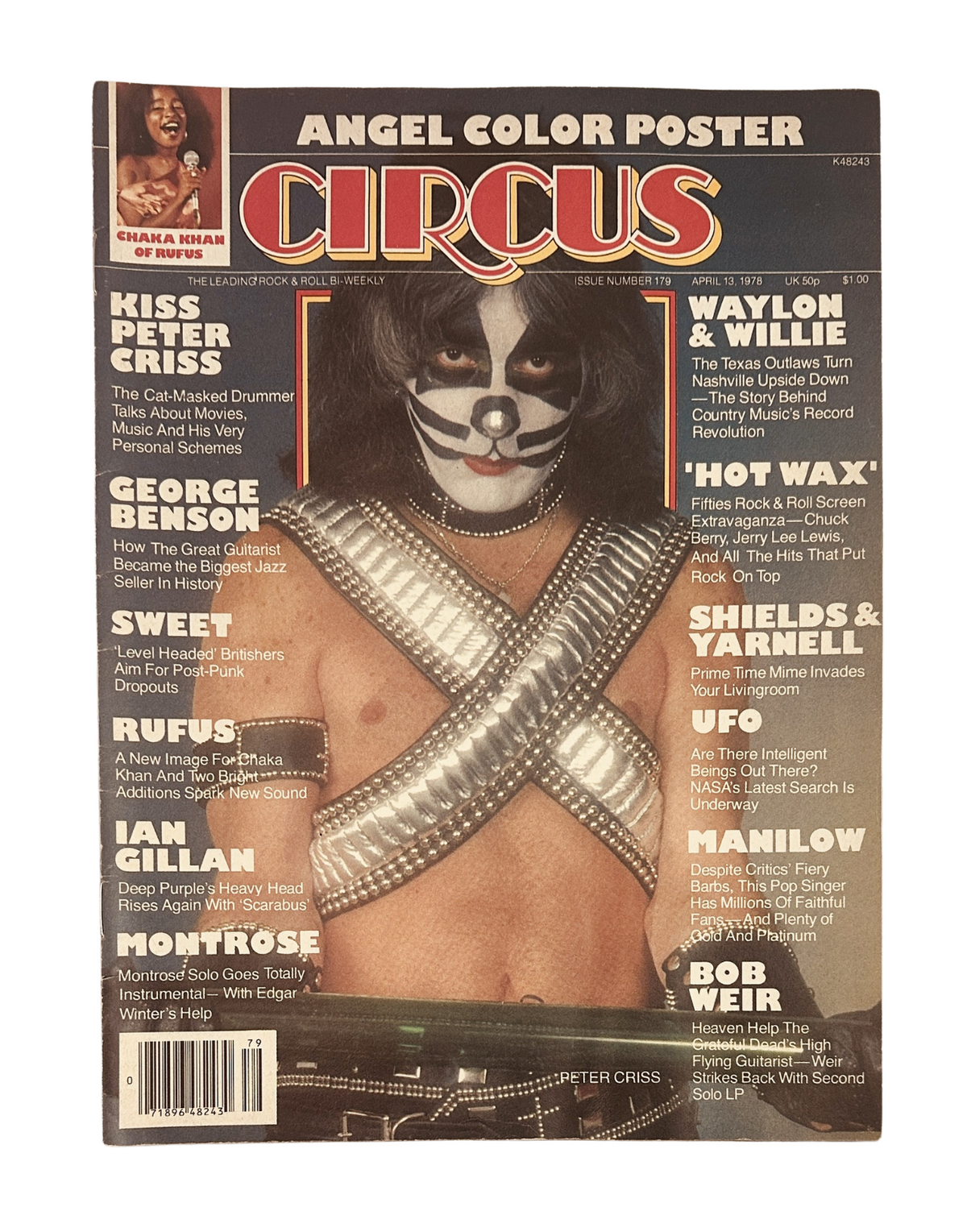 Circus Magazine cover from April 13, 1978, featuring Kiss drummer Peter Criss, along with George Benson, Rufus, and other music stars. Includes eye-catching visuals and a color poster.