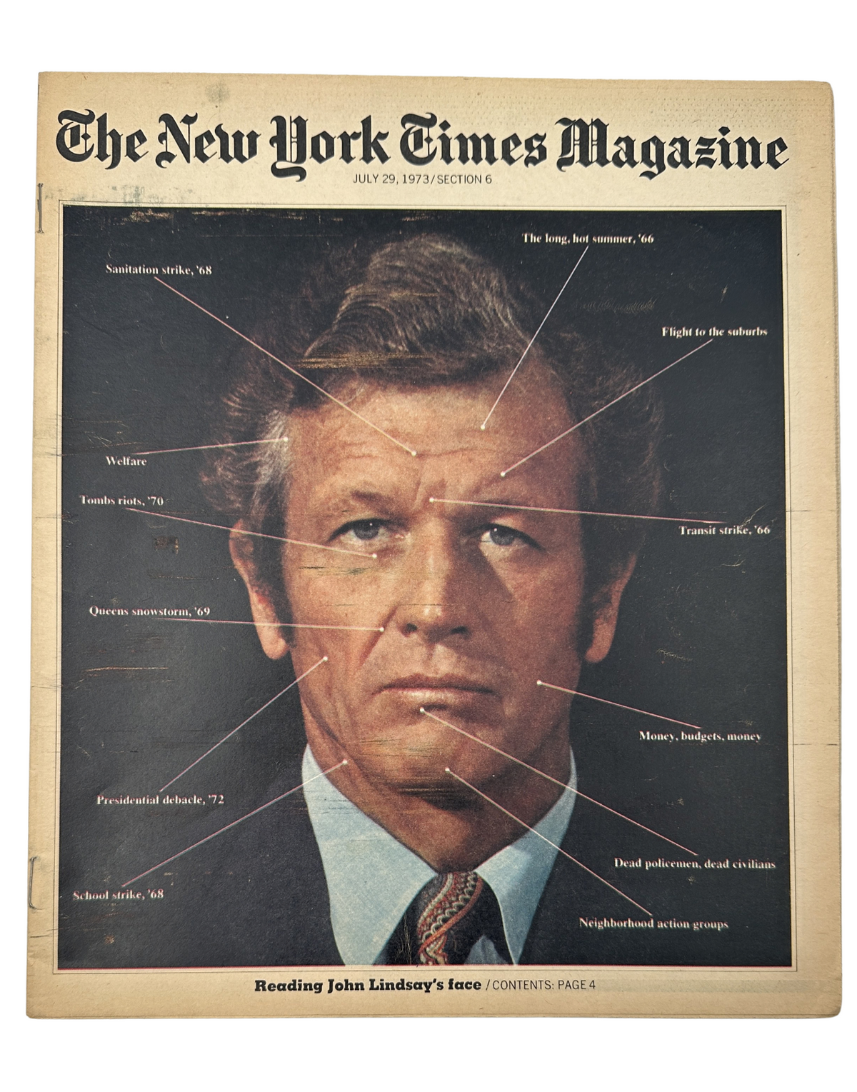 Cover of The New York Times Magazine July 29, 1973 featuring John Lindsay's face, highlighting NYC politics with annotations related to various issues such as sanitation strike and welfare.