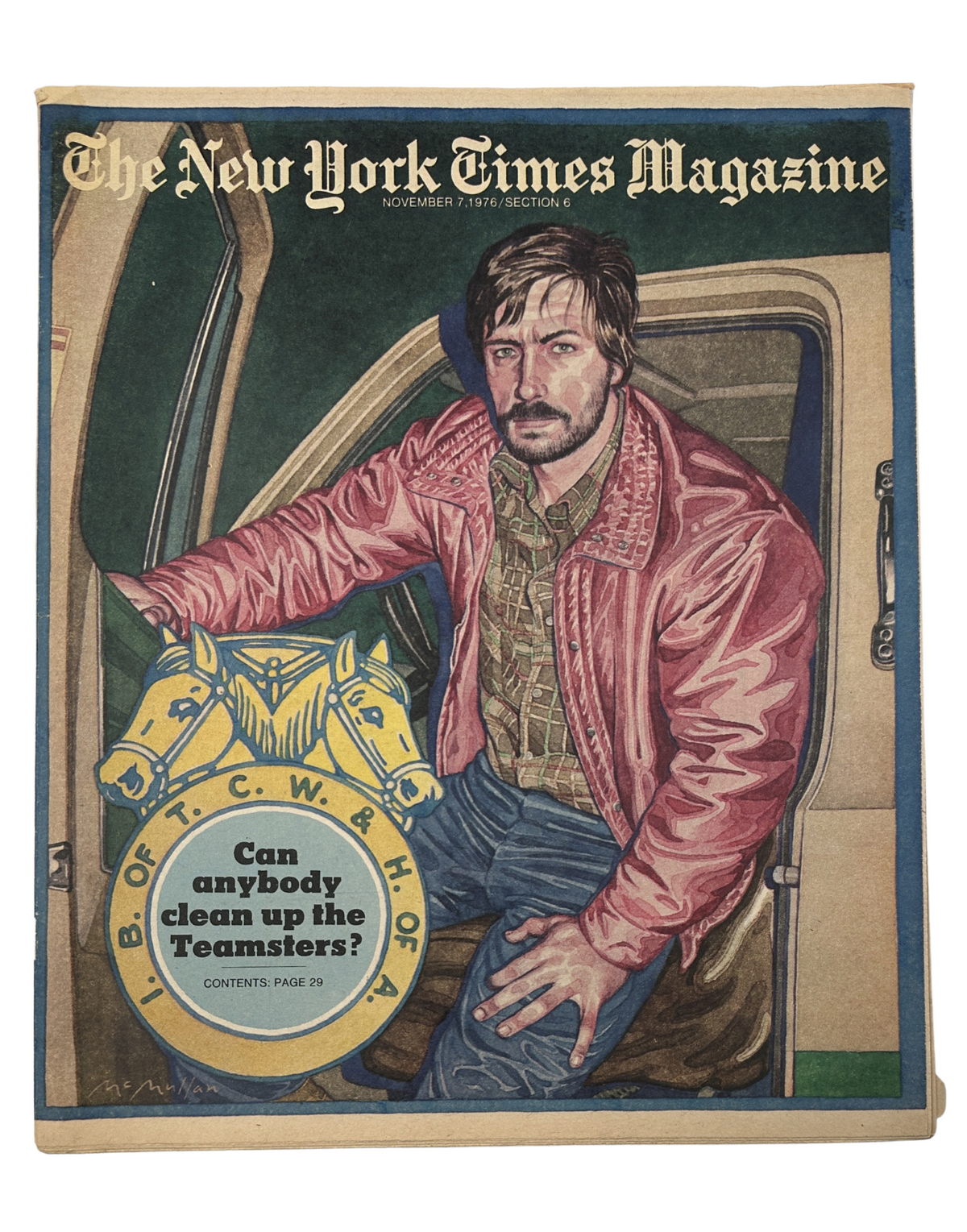 The New York Times Magazine November 7, 1976 cover featuring an artwork of a man in a pink jacket with the headline "Can anybody clean up the Teamsters?" and graphic elements illustrating the Teamsters logo.