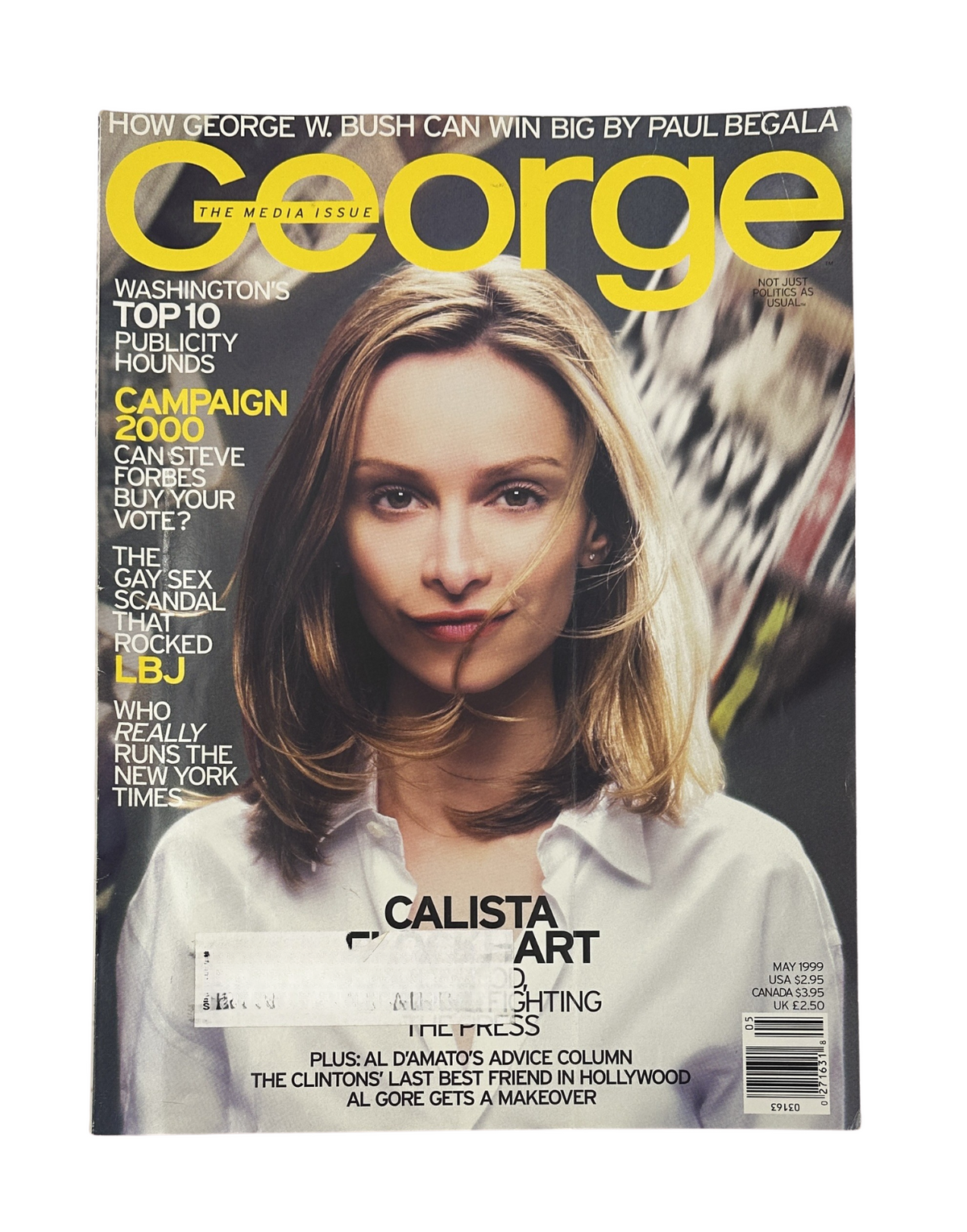 George Magazine May 1999 cover featuring Calista Flockhart, highlighting Campaign 2000 and media insights.