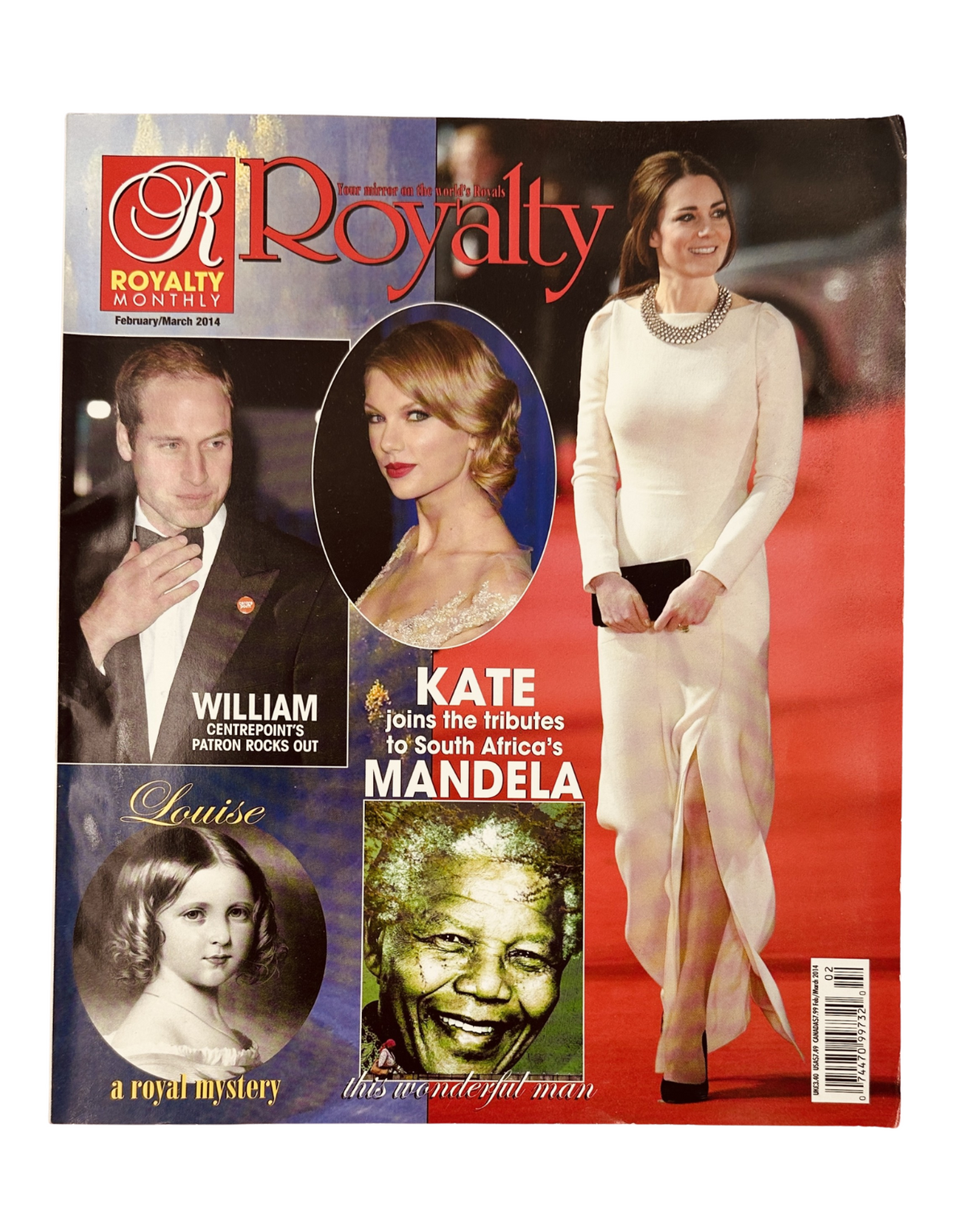 Royalty Monthly Magazine February/March 2014 cover featuring Kate Middleton and tributes to Nelson Mandela, showcasing Prince William and an illustration of Princess Louise.