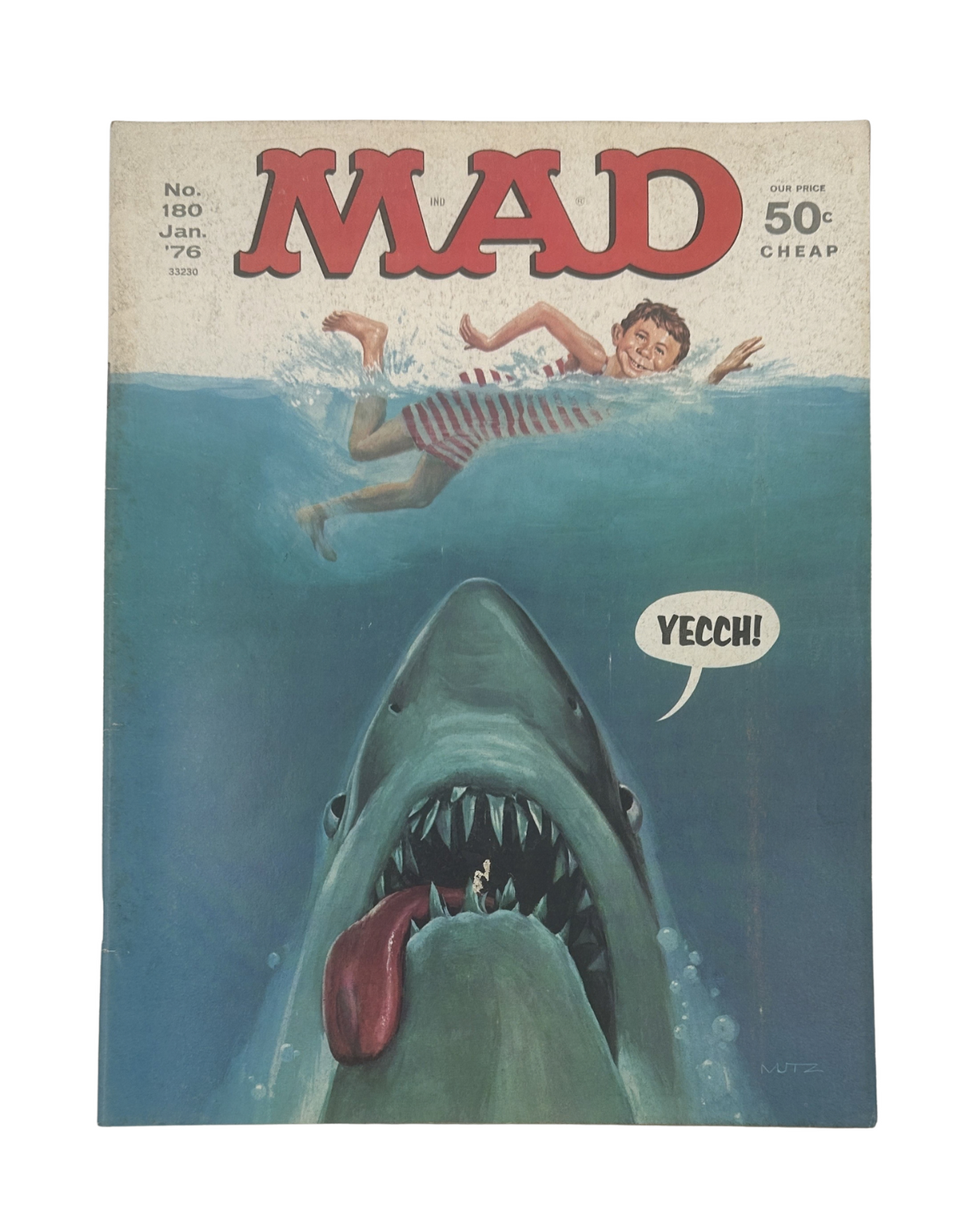 Cover of MAD Magazine No. 180 from January 1976 featuring a parody of the movie Jaws with a boy swimming above a shark and the text 'YECHH!'. This collectible magazine is in Very Good condition (VG 4.0).