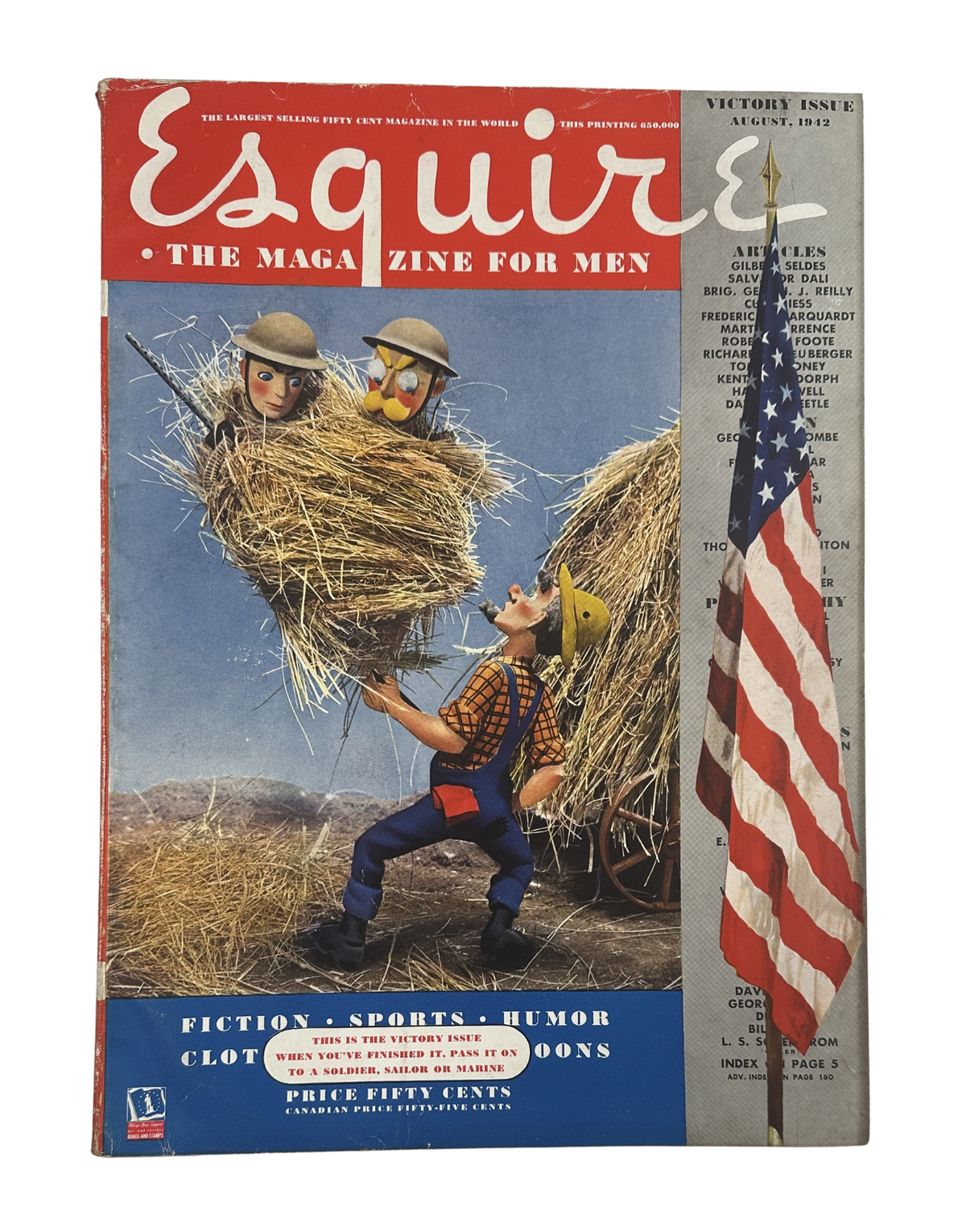 Esquire Magazine August 1942 Victory Issue featuring a creative cover illustration with military-themed puppets, emphasizing humor and patriotism. Includes iconic pinup art and references to notable figures like Betty Grable.