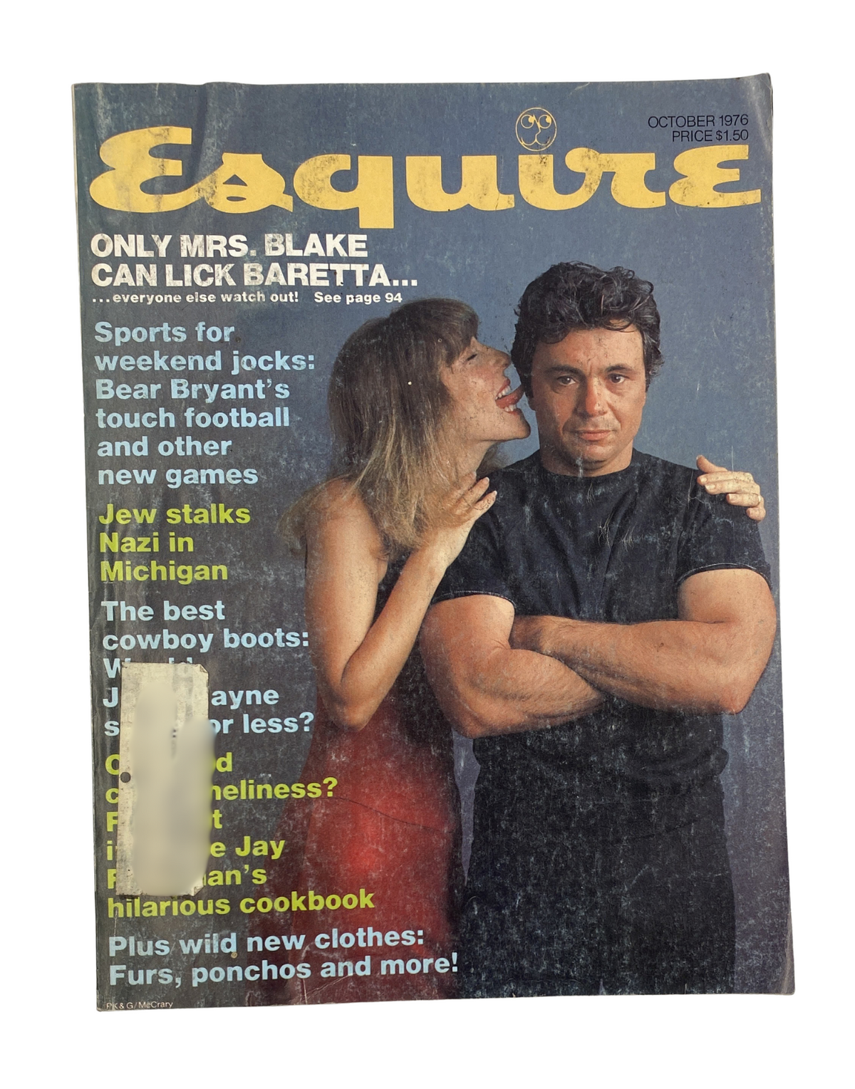 Esquire Magazine October 1976 cover featuring a man and woman, highlighting the feature 'ONLY MRS. BLAKE CAN LICK BARETTA...' and sports commentary including Bear Bryant's touch football. Original vintage magazine.