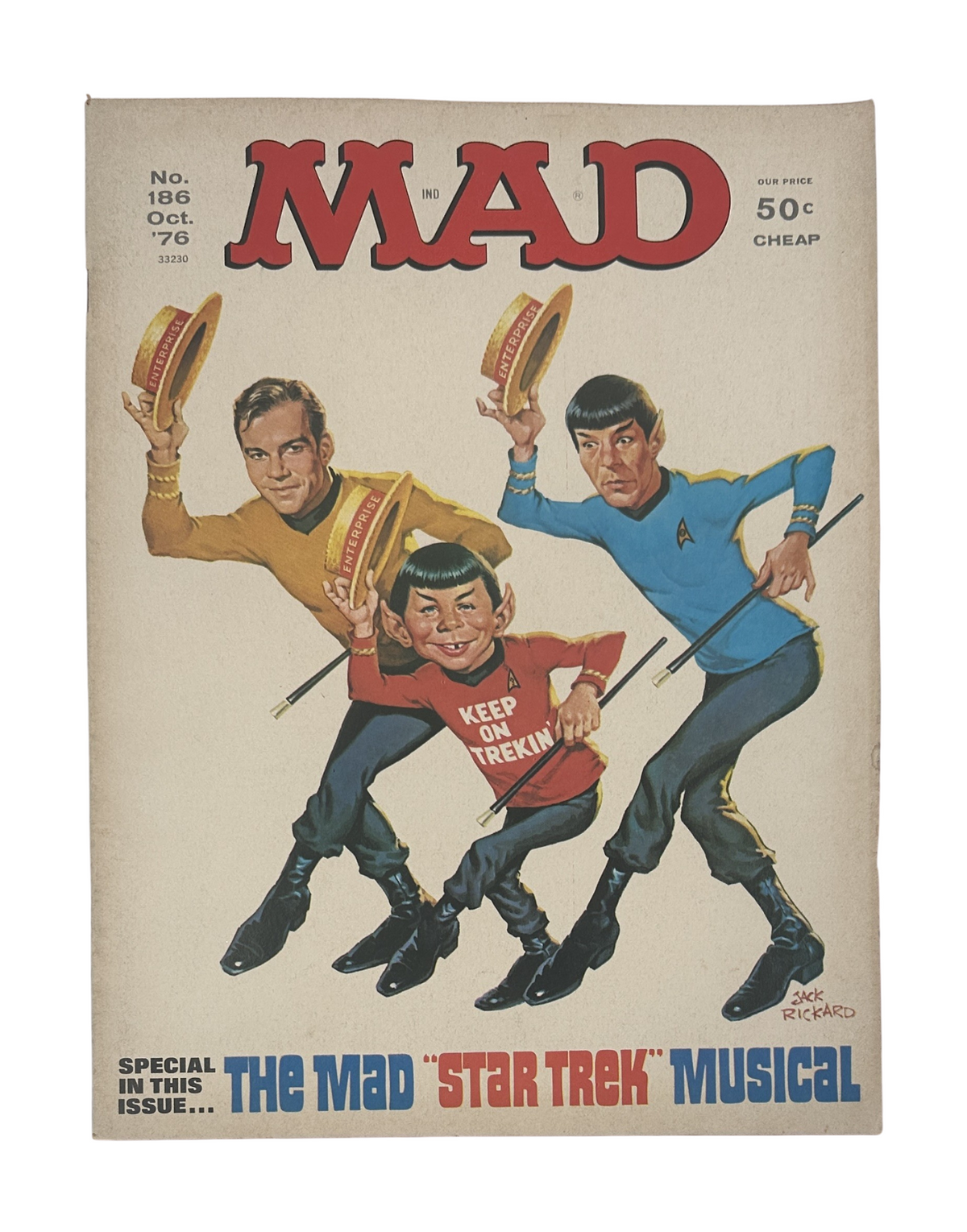 MAD Magazine No. 186 October 1976 cover featuring a musical parody of Star Trek with characters dressed in iconic uniforms urging to 'Keep On Trekin'.