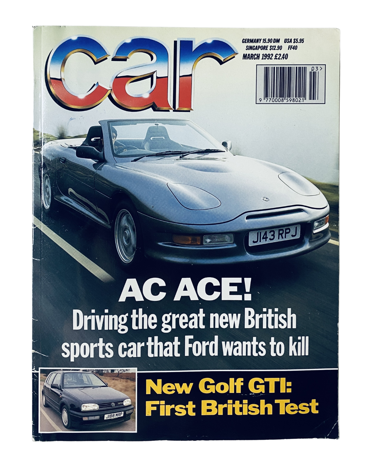 Cover of CAR Magazine March 1992 featuring the AC Ace sports car and a review of the new Golf GTI, highlighting 'First British Test'.