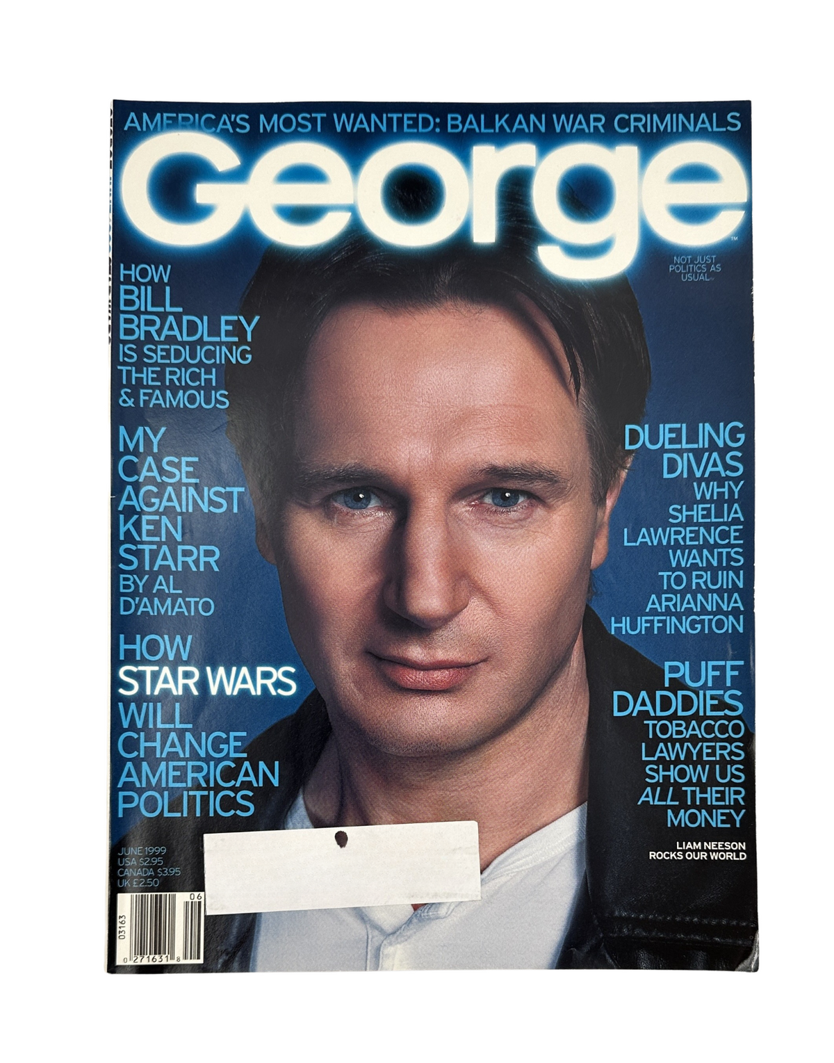 Cover of George Magazine June 1999 featuring Liam Neeson, with a focus on Star Wars and Bill Bradley, discussing politics; magazine in very good condition.