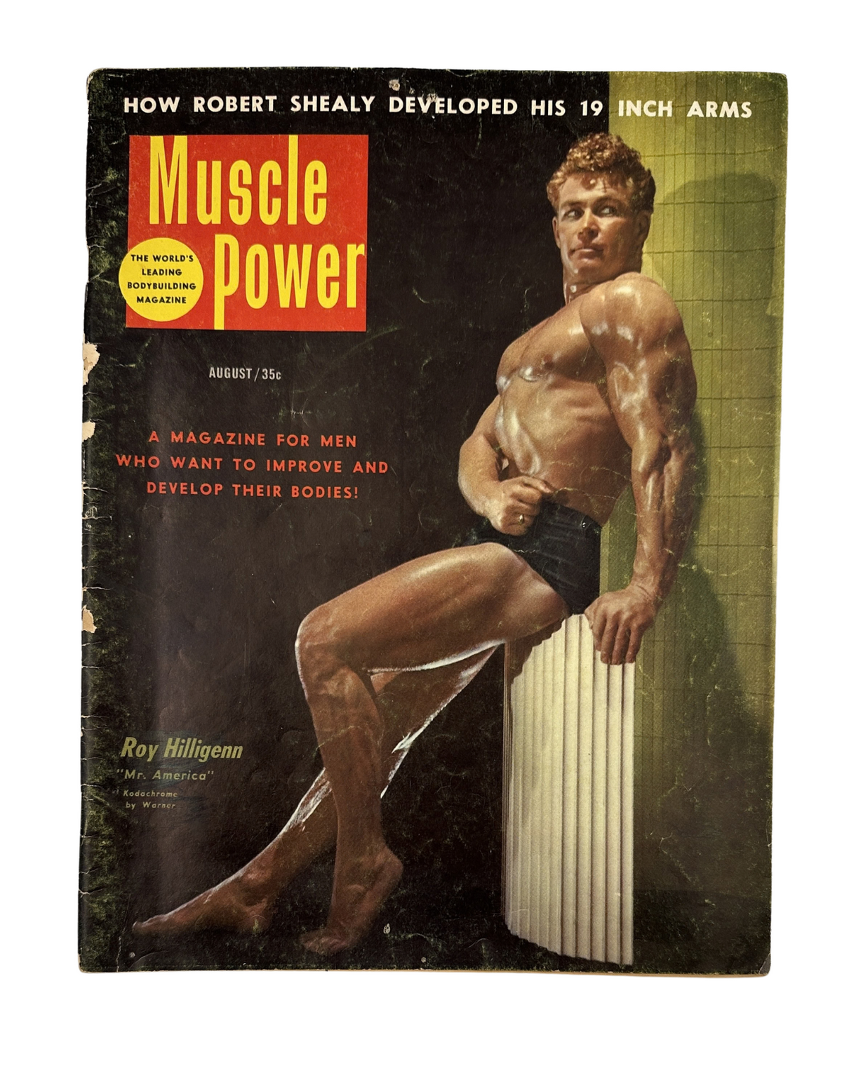 Cover of Muscle Power Magazine from August 1952 featuring Roy Hilligenn known as Mr. America, showcasing bodybuilding culture and fitness strategies.