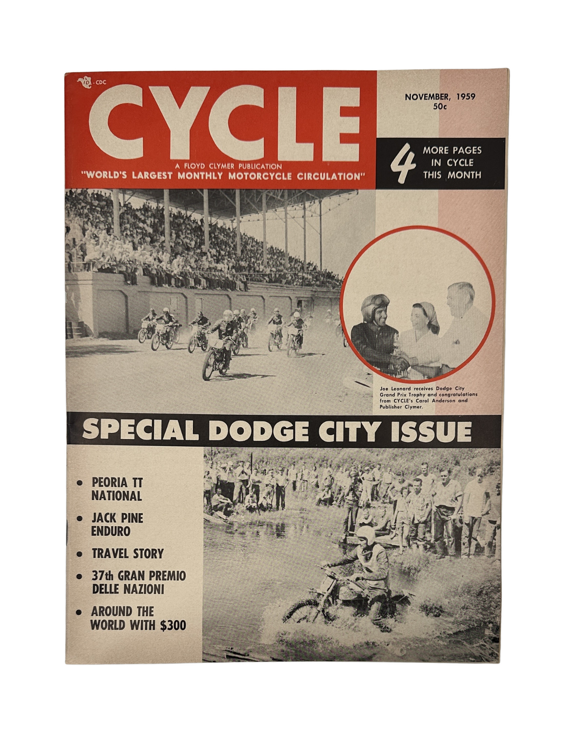 Cycle Magazine November 1959 cover showcasing special Dodge City issue featuring Peoria TT National and Jack Pine Enduro. It highlights major motorcycle events of the month.