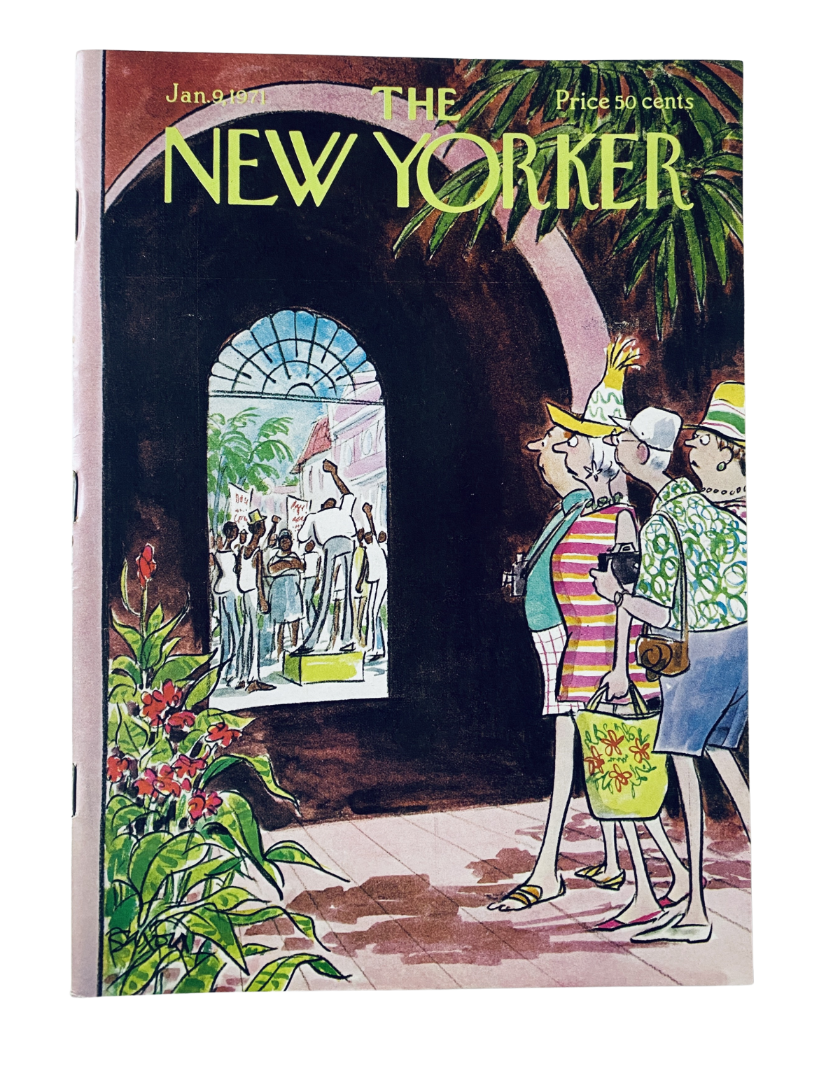 Cover of The New Yorker Magazine January 9, 1971, illustrated by Charles Saxon, depicting a protest scene with people in colorful attire, featuring lush greenery and a prominent archway.