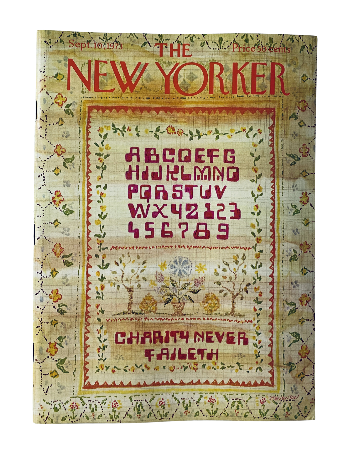 The New Yorker Magazine September 10, 1973 cover featuring an intricate sample alphabet design by J. Stevenson, set against a decorative background with the phrase 'Charity Never Faileth'.