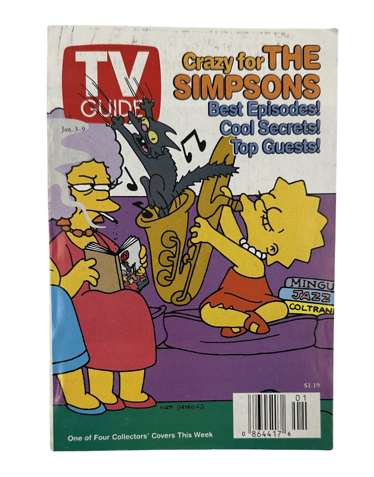 TV Guide Magazine cover from January 3, 1998 featuring a colorful illustration celebrating The Simpsons with the title 'Crazy for The Simpsons'. Highlights include 'Best Episodes', 'Cool Secrets', and 'Top Guests!'. The cover art depicts Lisa Simpson with a saxophone and a mischievous cat.
