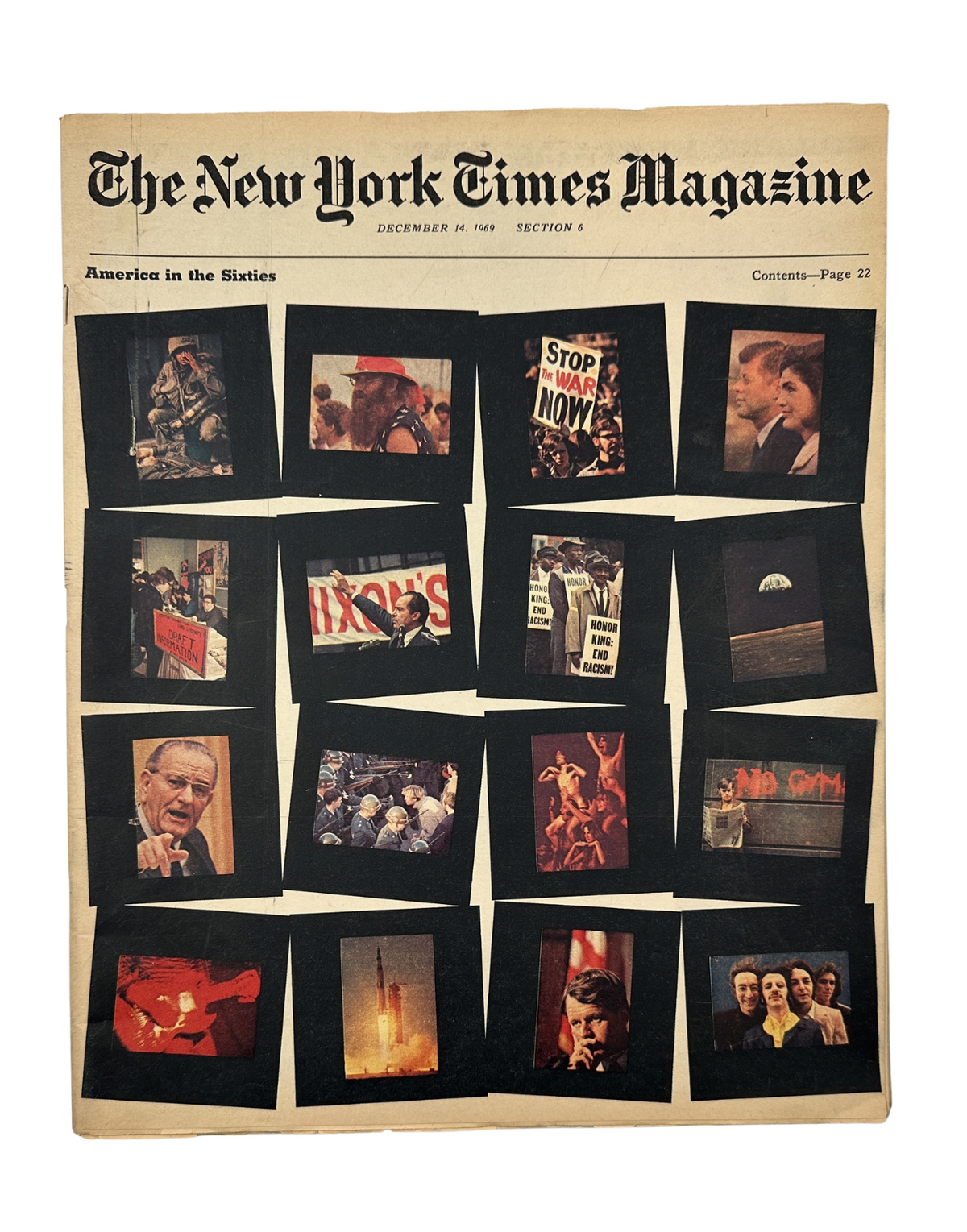 The New York Times Magazine December 14, 1969 cover featuring a collage of significant moments from America in the Sixties, including iconic images related to Vietnam, Civil Rights, and counterculture.