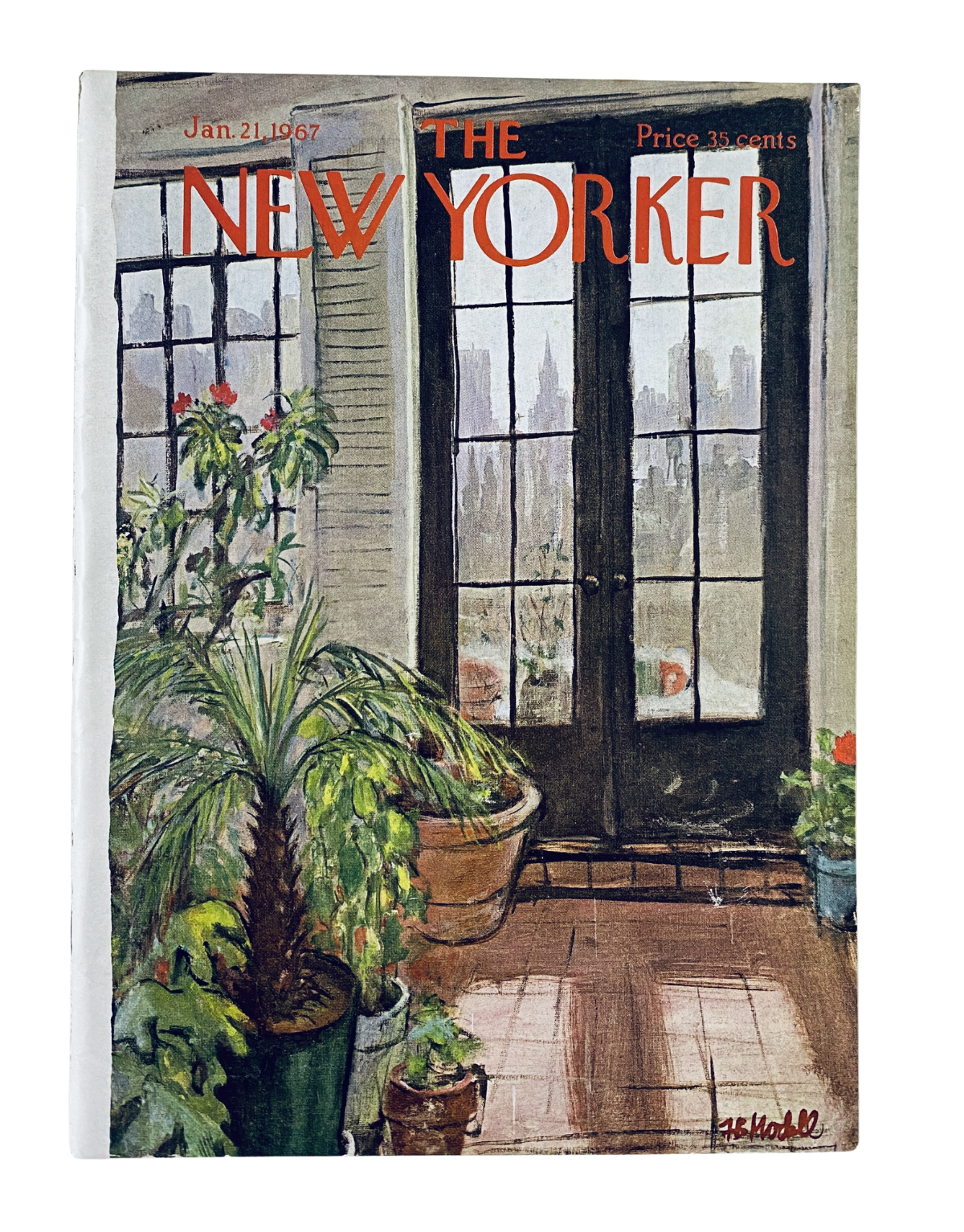 Cover of The New Yorker Magazine from January 21, 1967 featuring an interior scene with window plants, by F. Modell. This artwork captures the beauty of nature indoors.