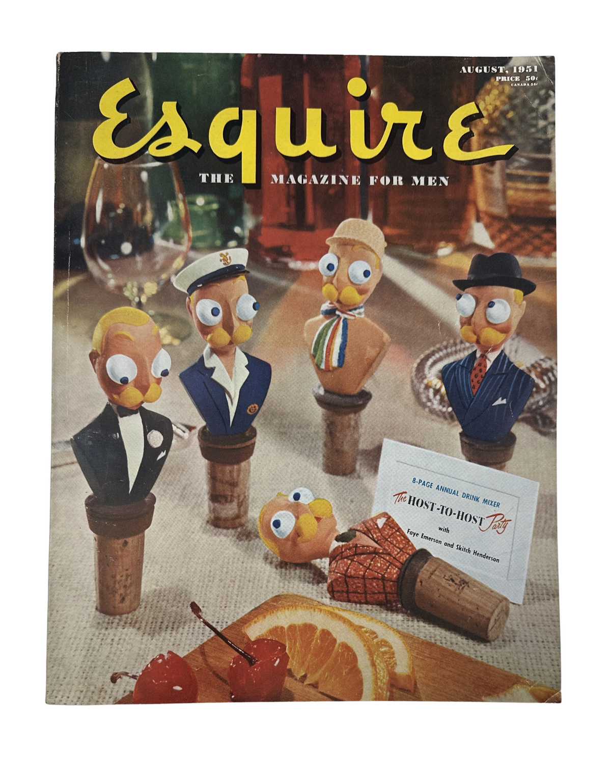 Cover of Esquire Magazine from August 1951 featuring whimsical characters made from corks, encapsulating creativity and humor; includes the title and focus on drink mixers.