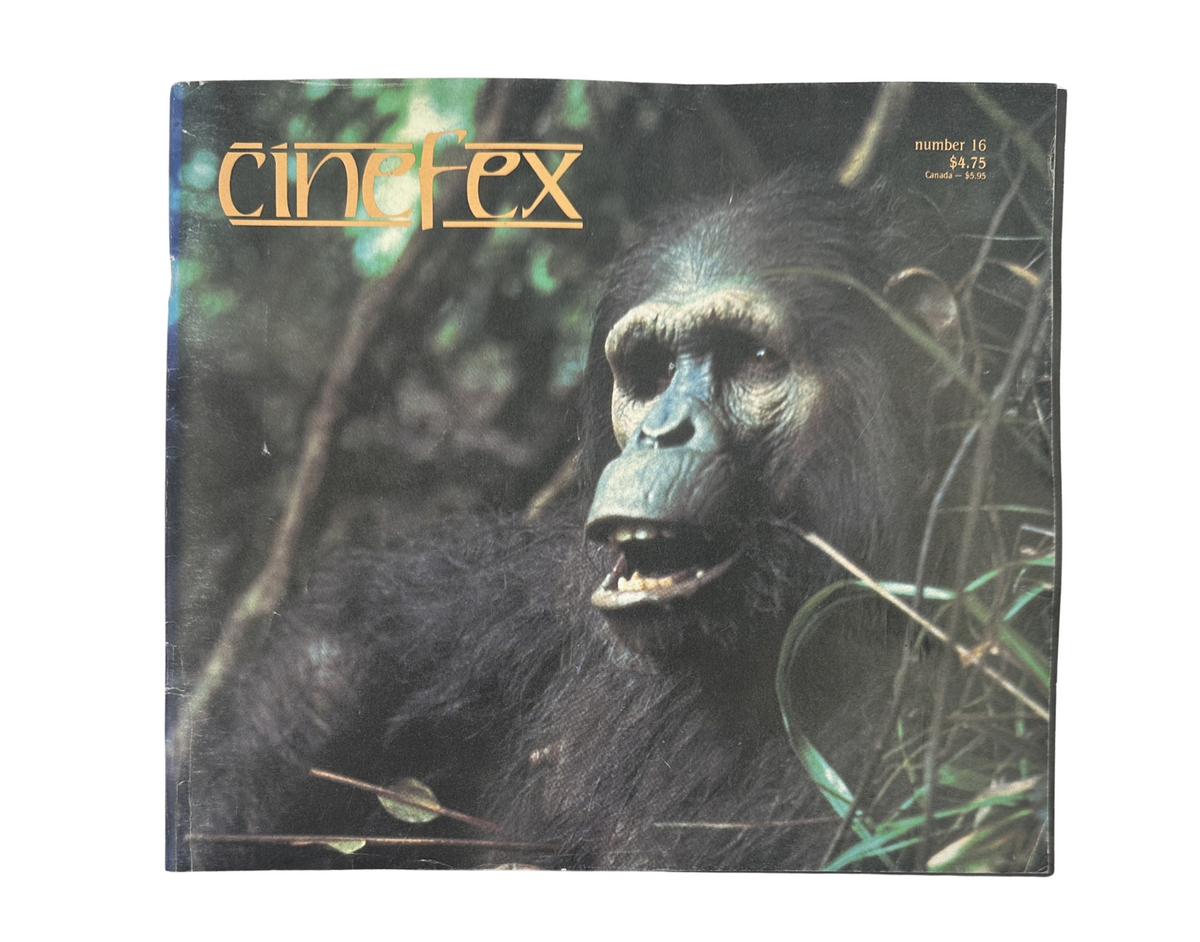 Cinefex Magazine April 1984 No. 16 featuring a close-up of Tarzan's ape-mother, Kala, from Greystoke, showcasing the artistry behind monster makeup and character transformations in film.