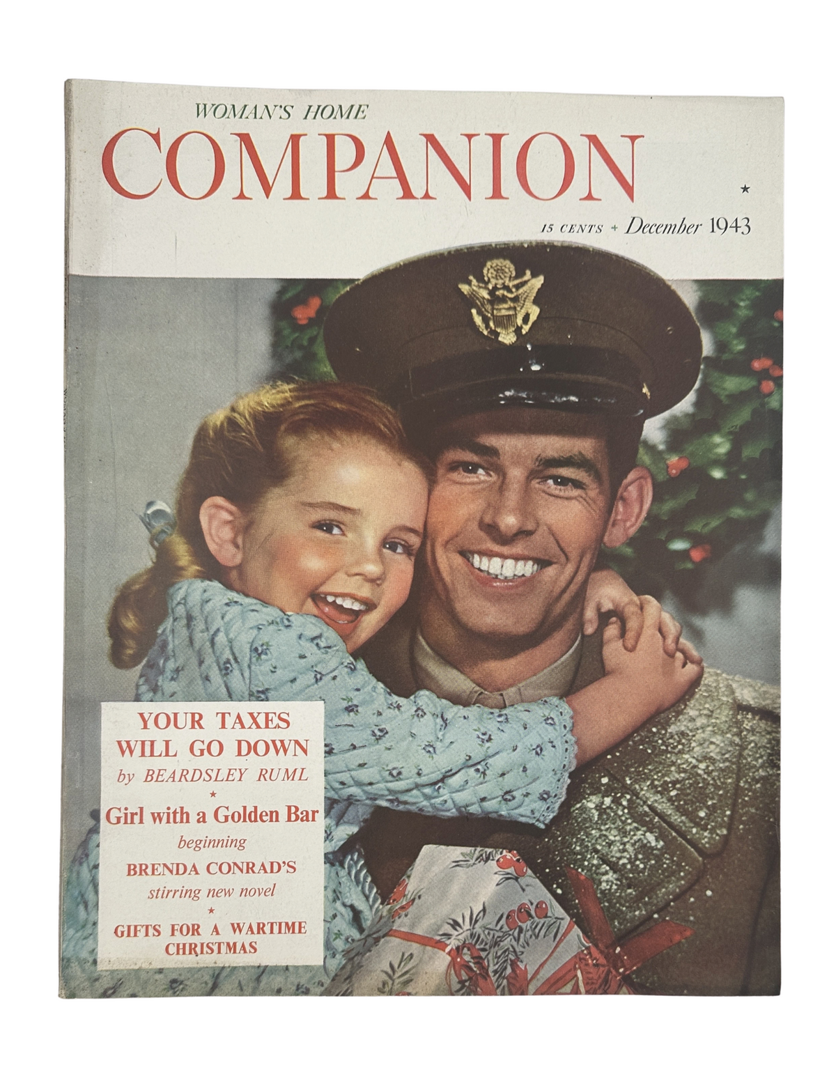 Woman’s Home Companion Magazine December 1943 featuring a Christmas girl and a soldier on the cover, showcasing holiday themes and vintage design.