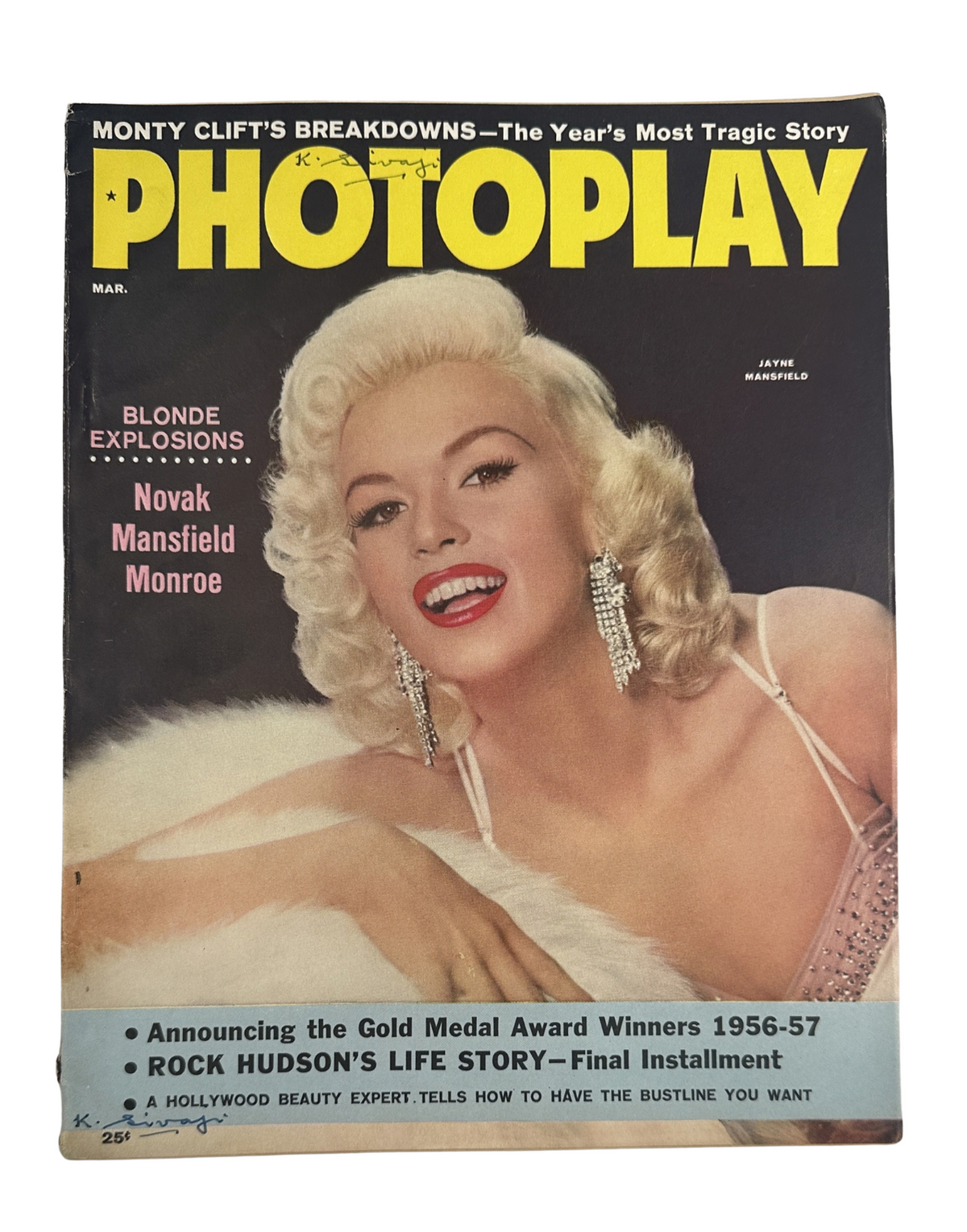 Photoplay Magazine March 1957 cover featuring Jayne Mansfield with glamorous hairstyle and jewelry. Highlights include Kim Novak and Marilyn Monroe.