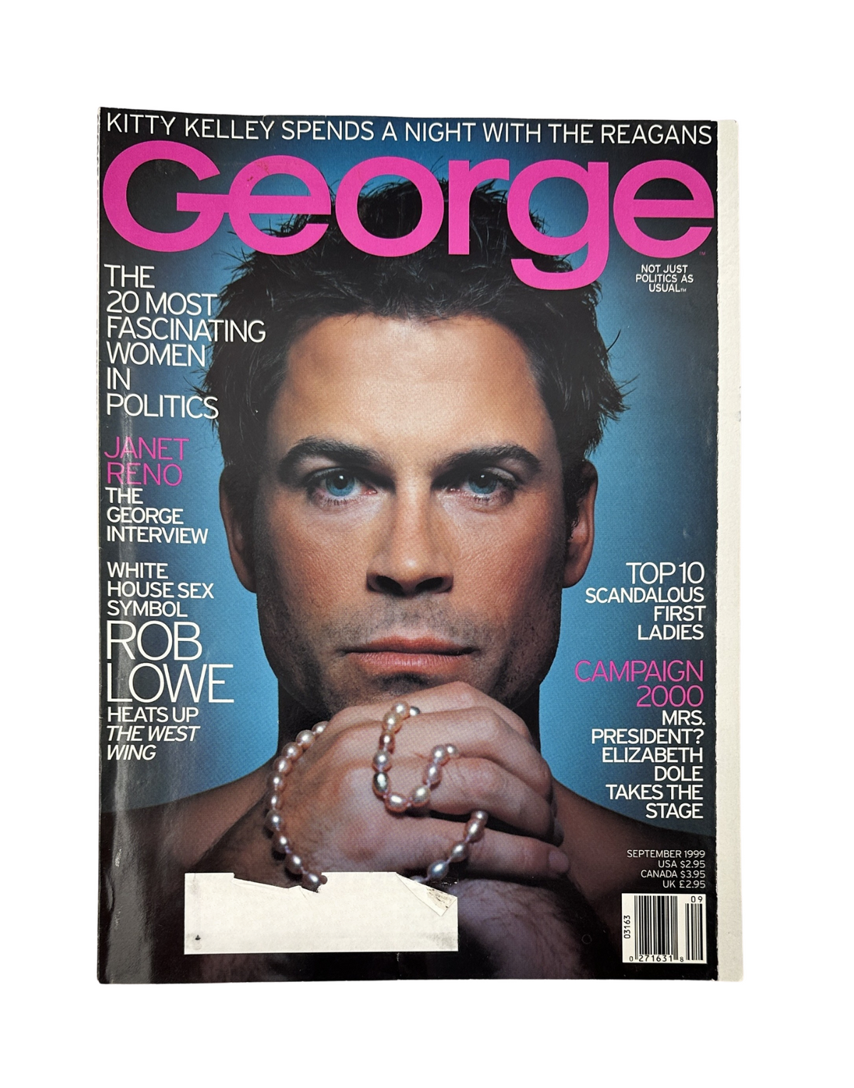 George Magazine September 1999 cover featuring Rob Lowe and Janet Reno, highlighting the 20 most fascinating women in politics, Campaign 2000, and a special feature on The West Wing.