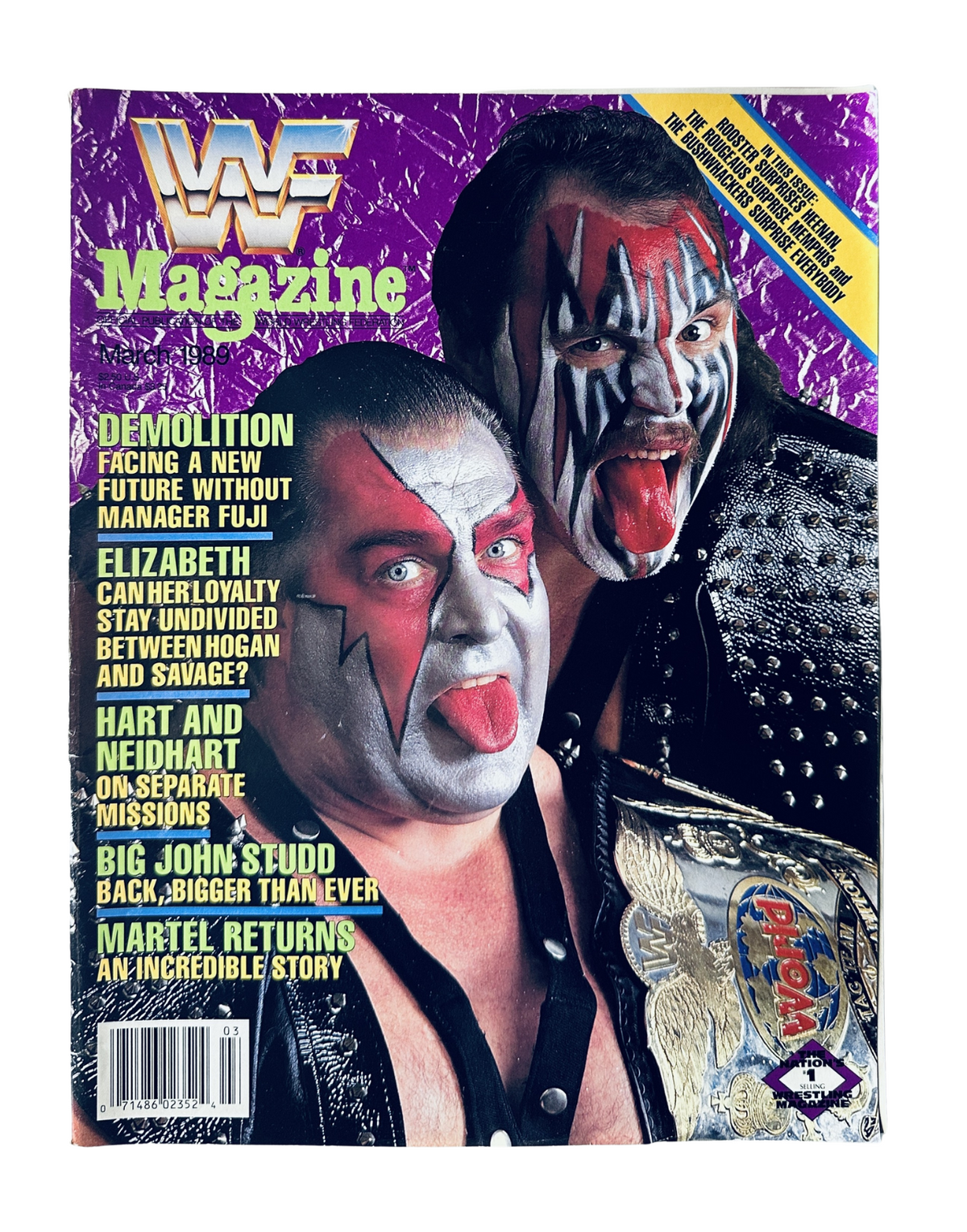 WWF Magazine March 1989 cover featuring Demolition and Big John Studd with vibrant colors and iconic wrestling attire.