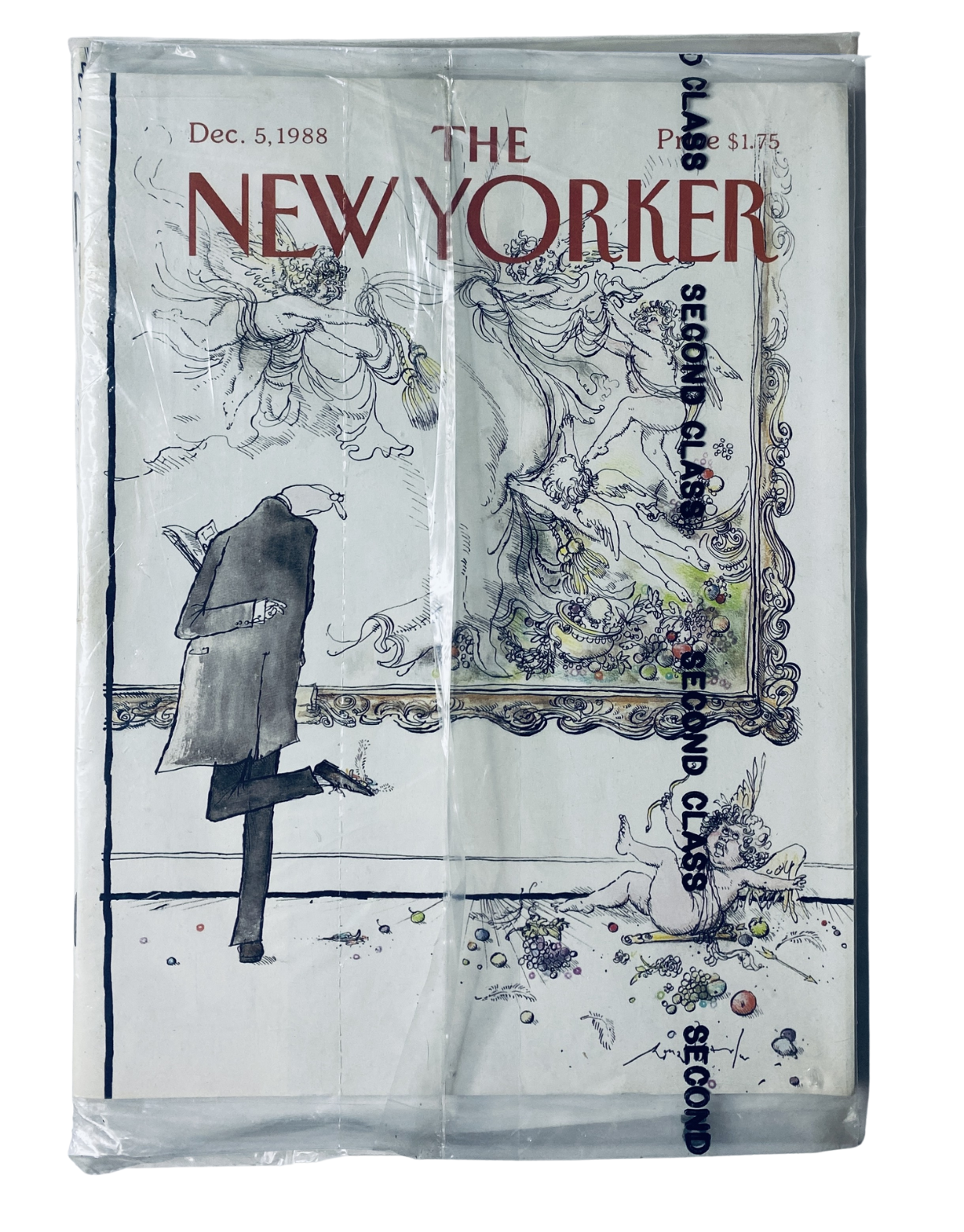 Sealed The New Yorker Magazine cover from December 5, 1988 featuring a whimsical illustration of museum angels and cherubs, showcasing vintage art and intact packaging. Ideal for collectors.