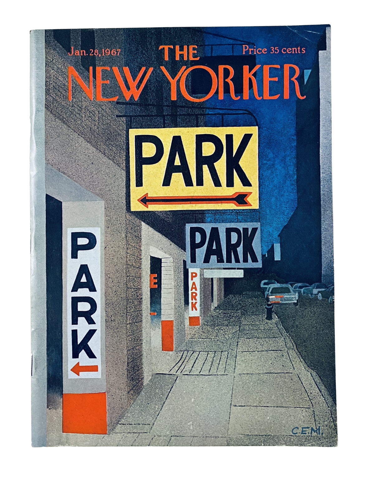 Cover art of The New Yorker Magazine from January 28, 1967, featuring a colorful parking sign illustration by Charles Martin, depicting an urban street scene with 'PARK' signage.