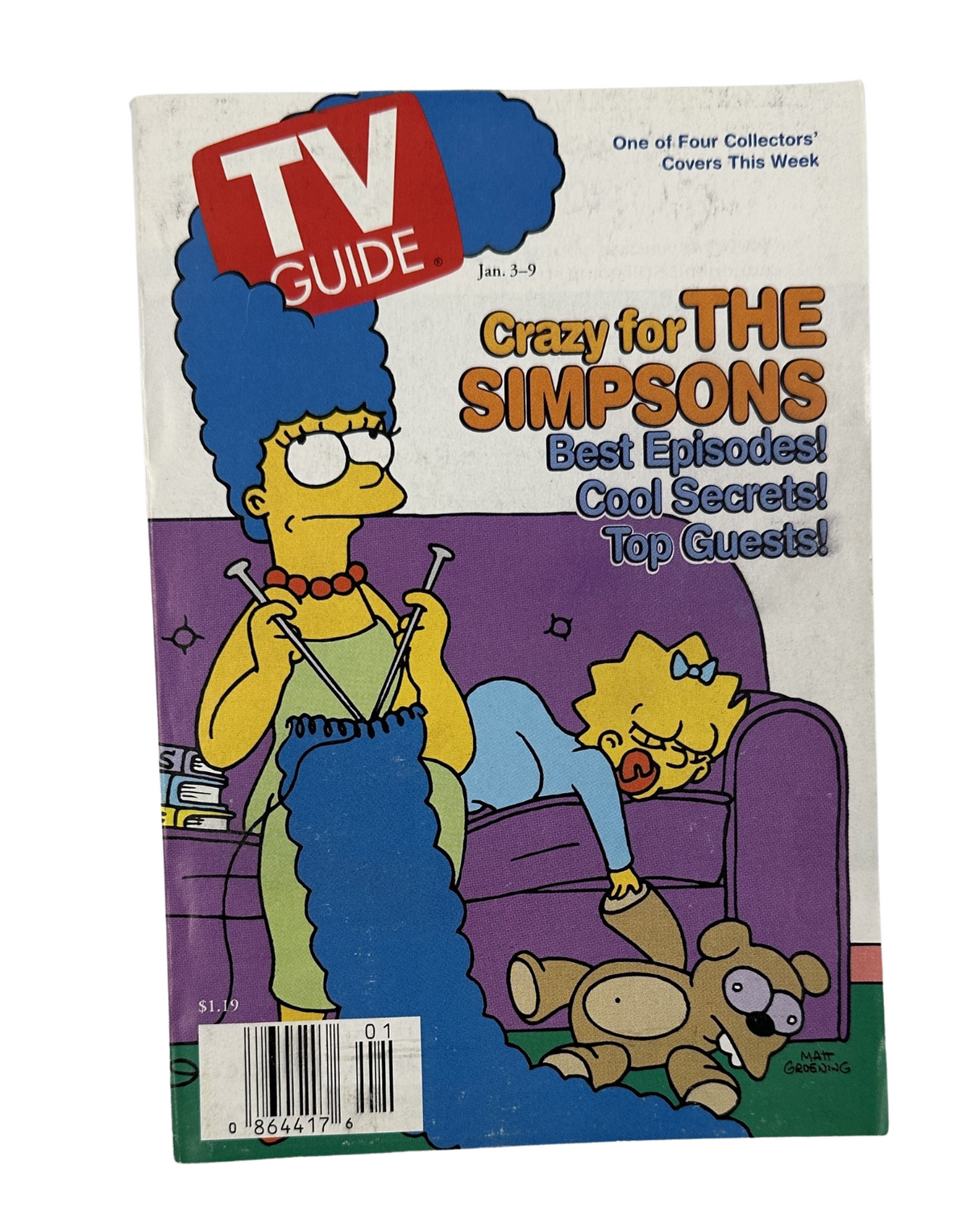 TV Guide Magazine January 3, 1998, featuring Marge Simpson knitting in a colorful cover illustration, promoting details about The Simpsons' best episodes, cool secrets, and top guests.