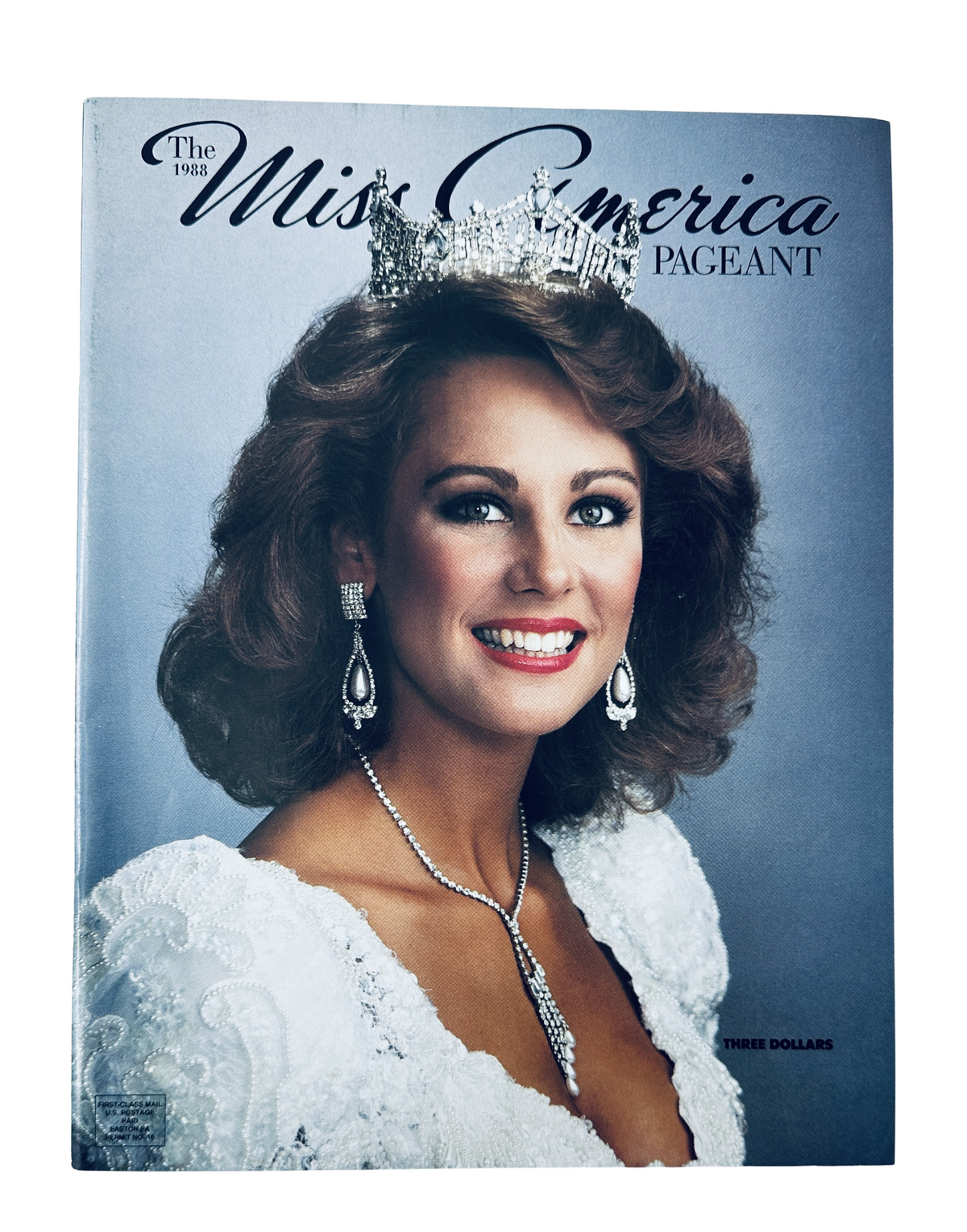 Cover of The 1988 Miss America Pageant Magazine Program featuring Miss America Kaye Lani Rae Rafko, showcasing her elegant attire and crown.