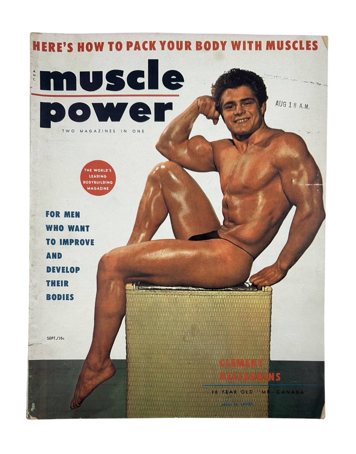 Cover of Muscle Power Magazine, September 1955 featuring Clement Desjardins, Mr. Canada, showcasing bodybuilding techniques and fitness tips.