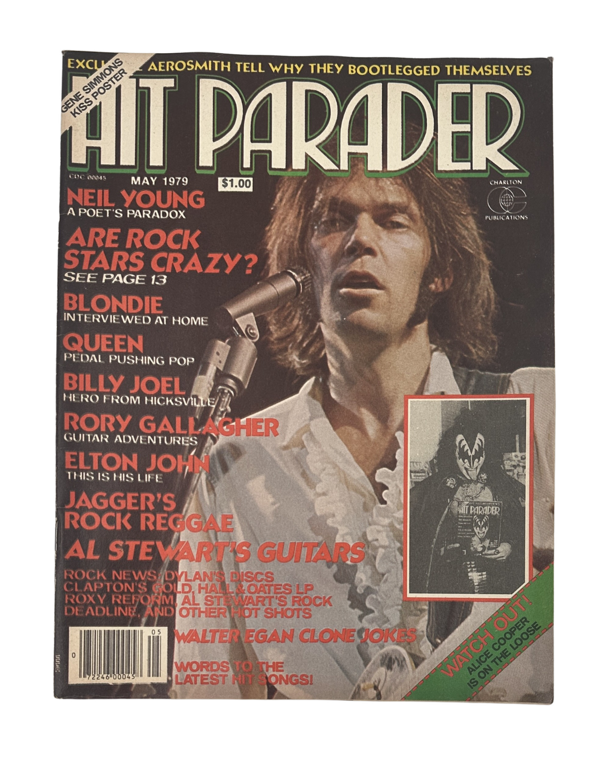 Hit Parader Magazine May 1979 cover featuring Neil Young, Queen, Billy Joel, and Blondie, highlighting articles about rock stars and music events.