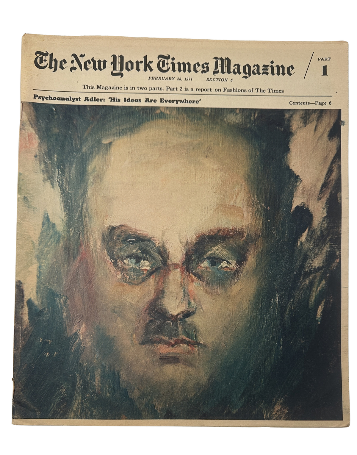 The New York Times Magazine February 28, 1971 cover featuring a stylized portrait of psychologist Alfred Adler with the headline 'His Ideas Are Everywhere'.