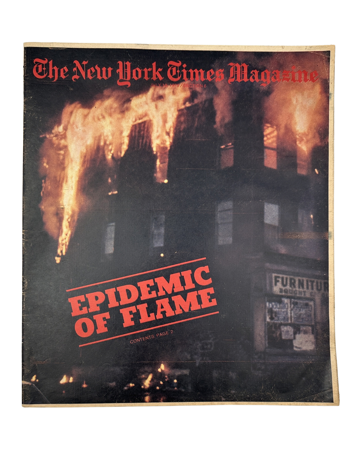 The New York Times Magazine cover dated July 13, 1975, featuring the headline 'Epidemic of Flame' with visuals of a burning building, highlighting the fire crisis in the South Bronx.