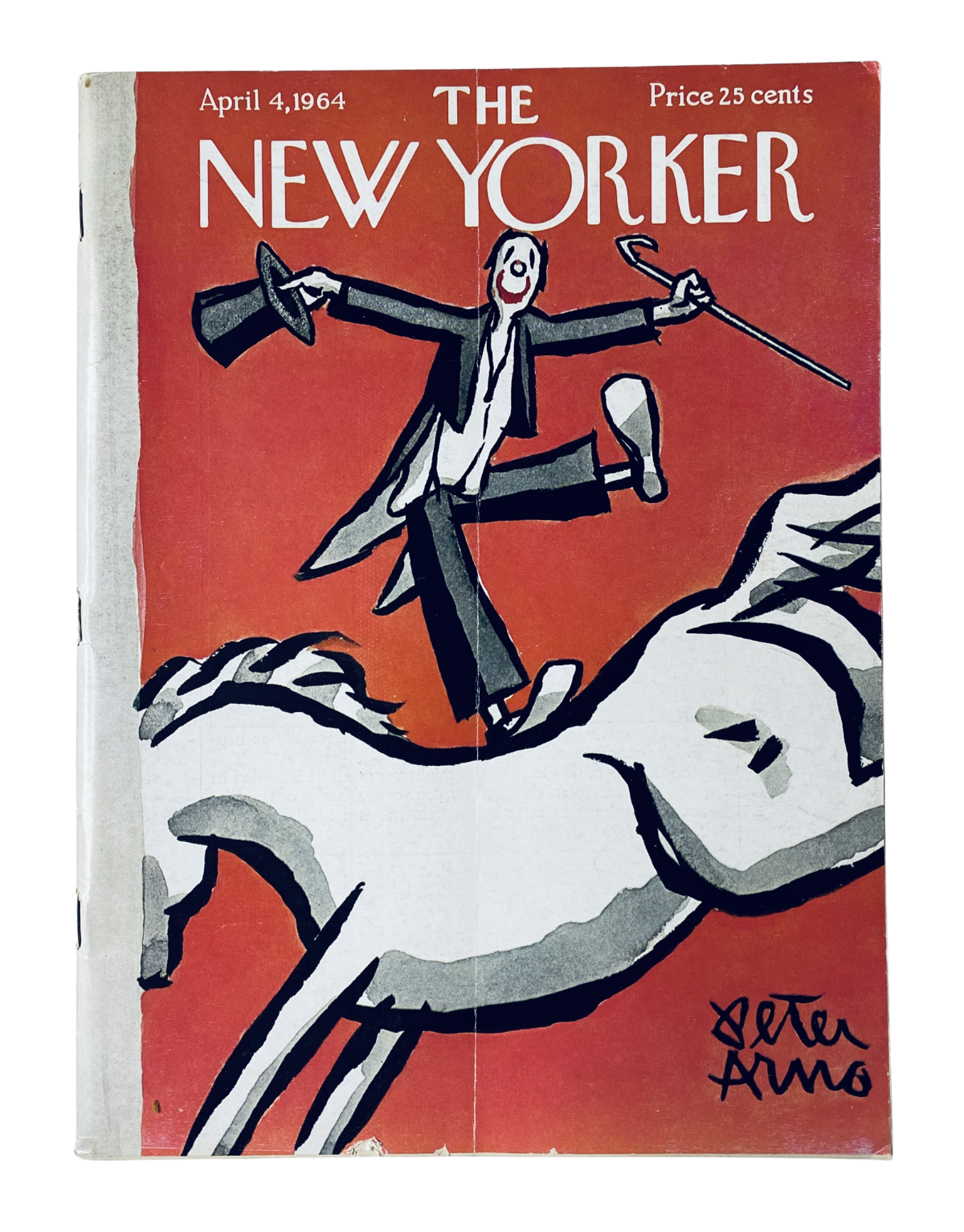 Cover of The New Yorker Magazine from April 4, 1964 featuring artwork by Peter Arno depicting a joyful man dancing on a white horse.