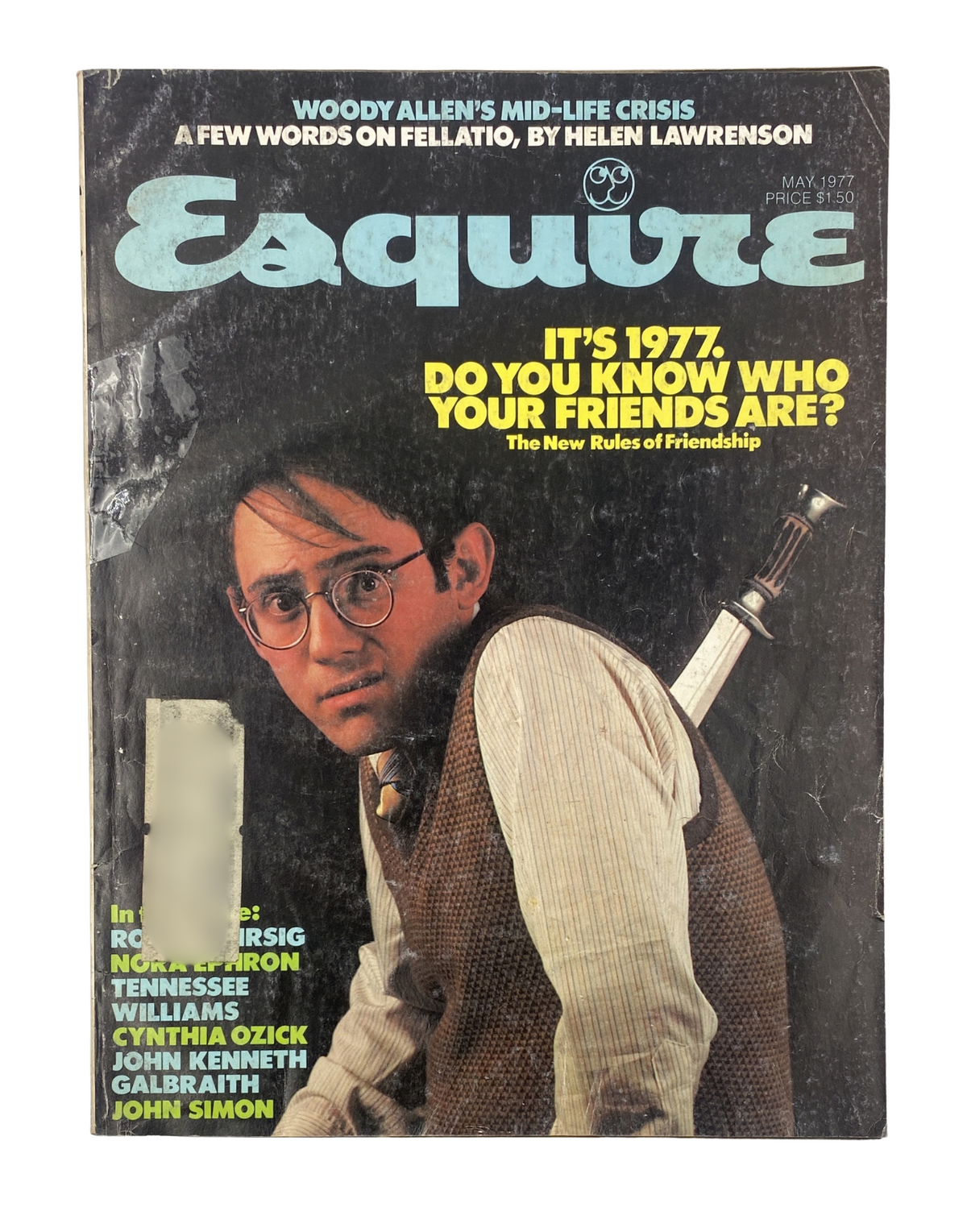 Esquire Magazine May 1977 featuring Woody Allen on the cover, discussing friendship with the tagline 'It's 1977. Do You Know Who Your Friends Are?'. The magazine shows signs of age with noticeable wear.